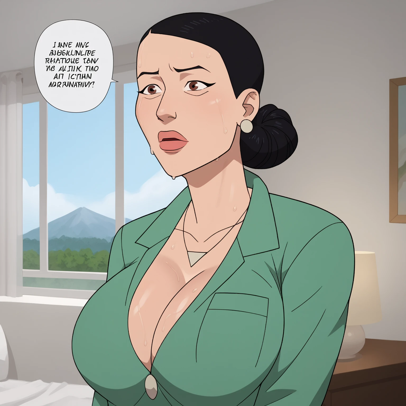 <lora:Debbie-10IV:0.8>,1girl,debbie, jewelry, hair bun, green shirt, black eyes, large breasts,real,photorealistic,(detailed face),(house),woman, blowjob, open mouth, man, penis,<lora:povBlowjob_sd15_by_IsnAI:1.0>,