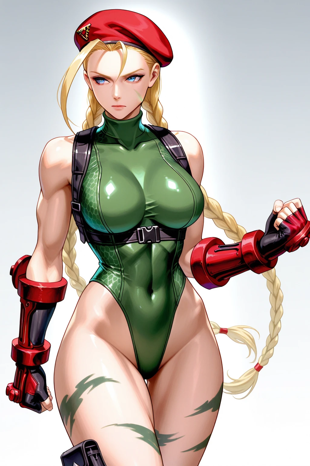 (masterpiece), best quality, expressive eyes, perfect face, highres, (mature:1.5), adult, 1girl, solo, cammy white, twin braids, long hair, blonde hair, antenna hair, (red headwear:1.3), blue eyes, scar on cheek, large breasts, green leotard, sleeveless, red gloves, fingerless gloves, camouflage, hands to hips, slight smiles, fantastic, magical background, standing, portrait, looking at the viewer,