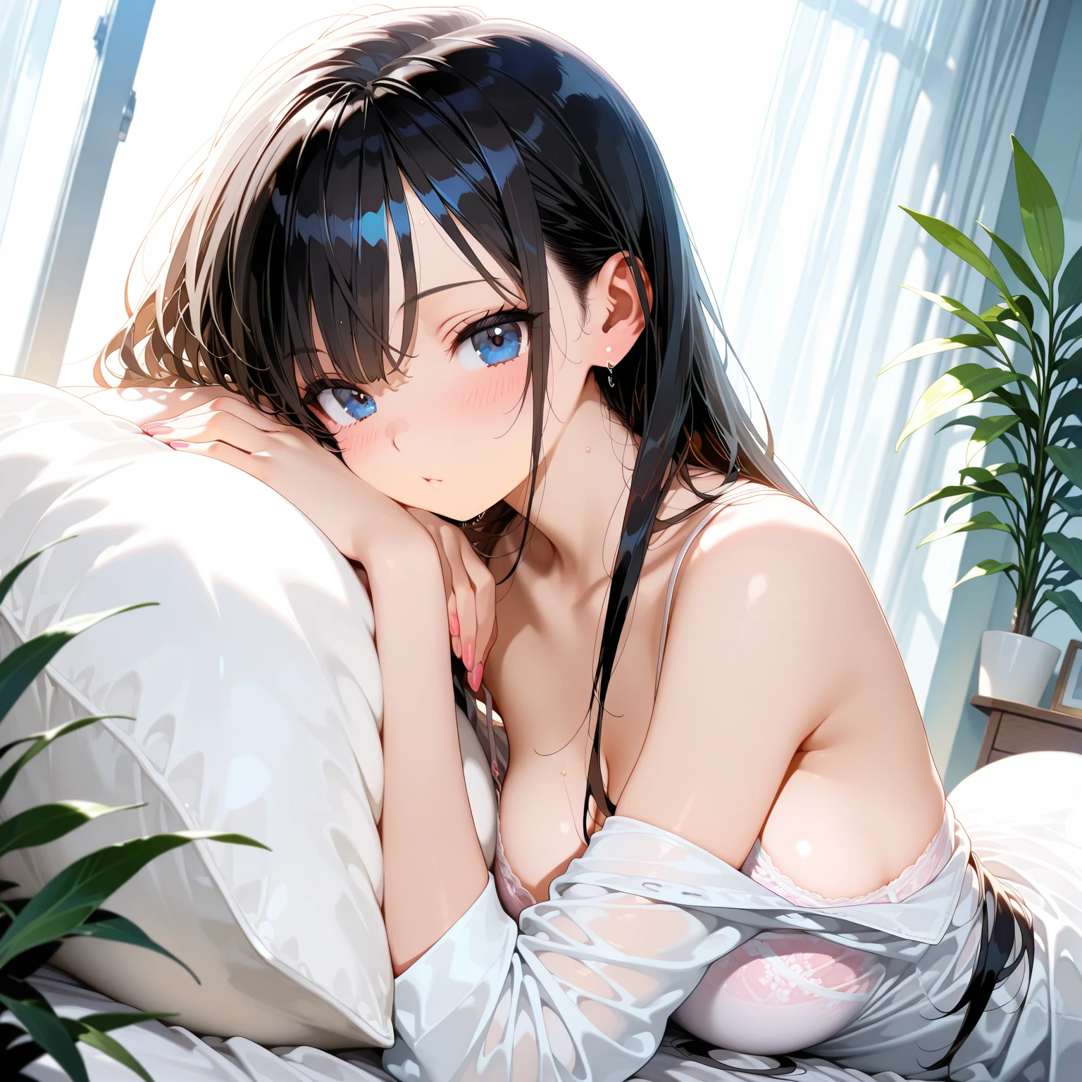 ((masterpiece, Highest quality)), ((night)), Adult women, One woman, Lying down, bed, Black Hair, Black sleeveless、Thick denim