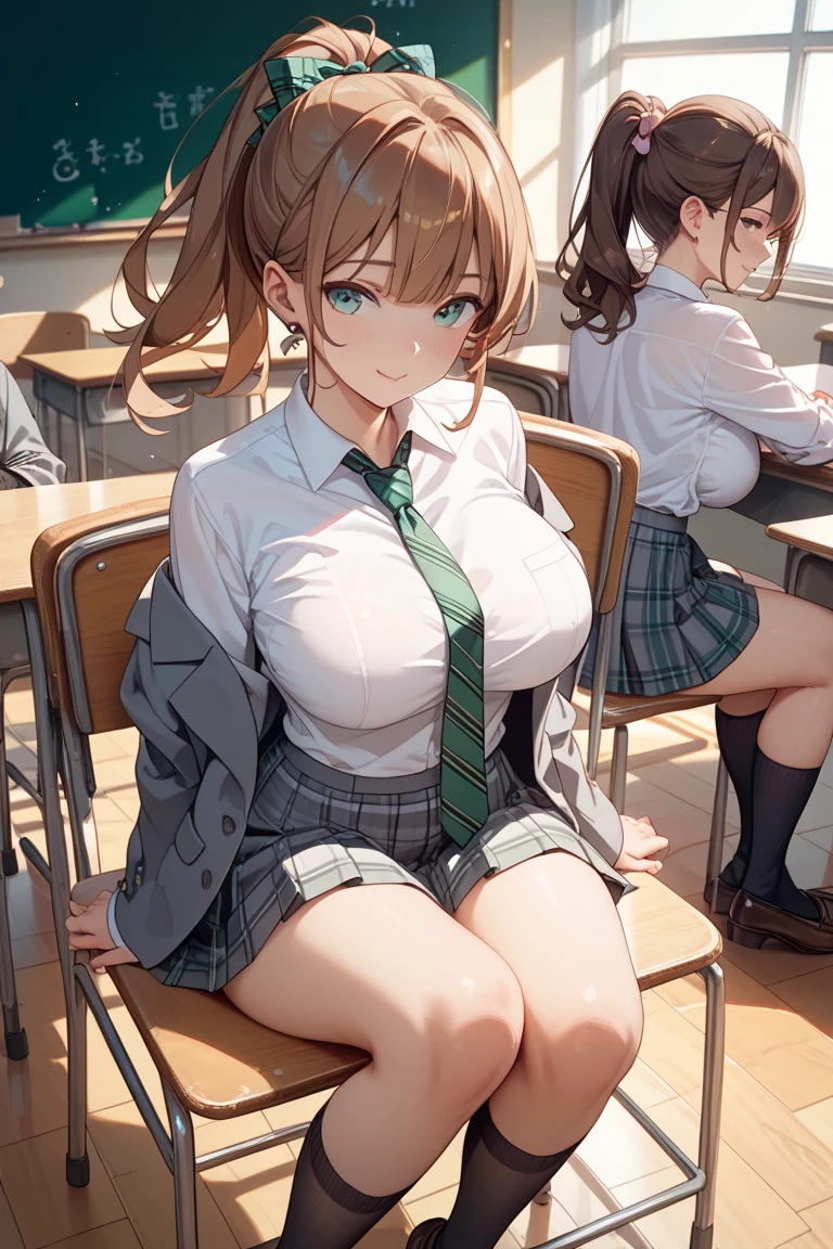 Monte Karatsu, Hachime Yukana, wide, hits, by rubio, hair between the eyes, (green eyes:1.5), horsetails, black choker, collector, High ponytail, lipstick, improve, Kogal, big breasts,make up,
ROMPER skirt, shirt, jewelry, , clavicle, White shirt, pleated skirt, Collared shirt, mini skirt, bracelet, green skirt,
REST looking at the viewer, full bodyesbian,
REST inside, classroom,
BREAK (Masterpiece:1.2), Best Quality, high resolution, unity wallpaper 8k, (illustration:0.8), (Beautiful detailed eyes:1.6), extremely detailed face, perfect lighting, Extremely detailed CG, (perfect hands, perfect anatomy),no underpants,Vacuum exposure,masturbation,no underpants,revelation,The vaginal opening is exposed,vaginal opening valgus,scratchturbation,masturbation,incontinence,milk,Expose the vaginal opening,vaginal opening,exposed ,(Nudity 1.5),vaginal opening,vaginal opening,