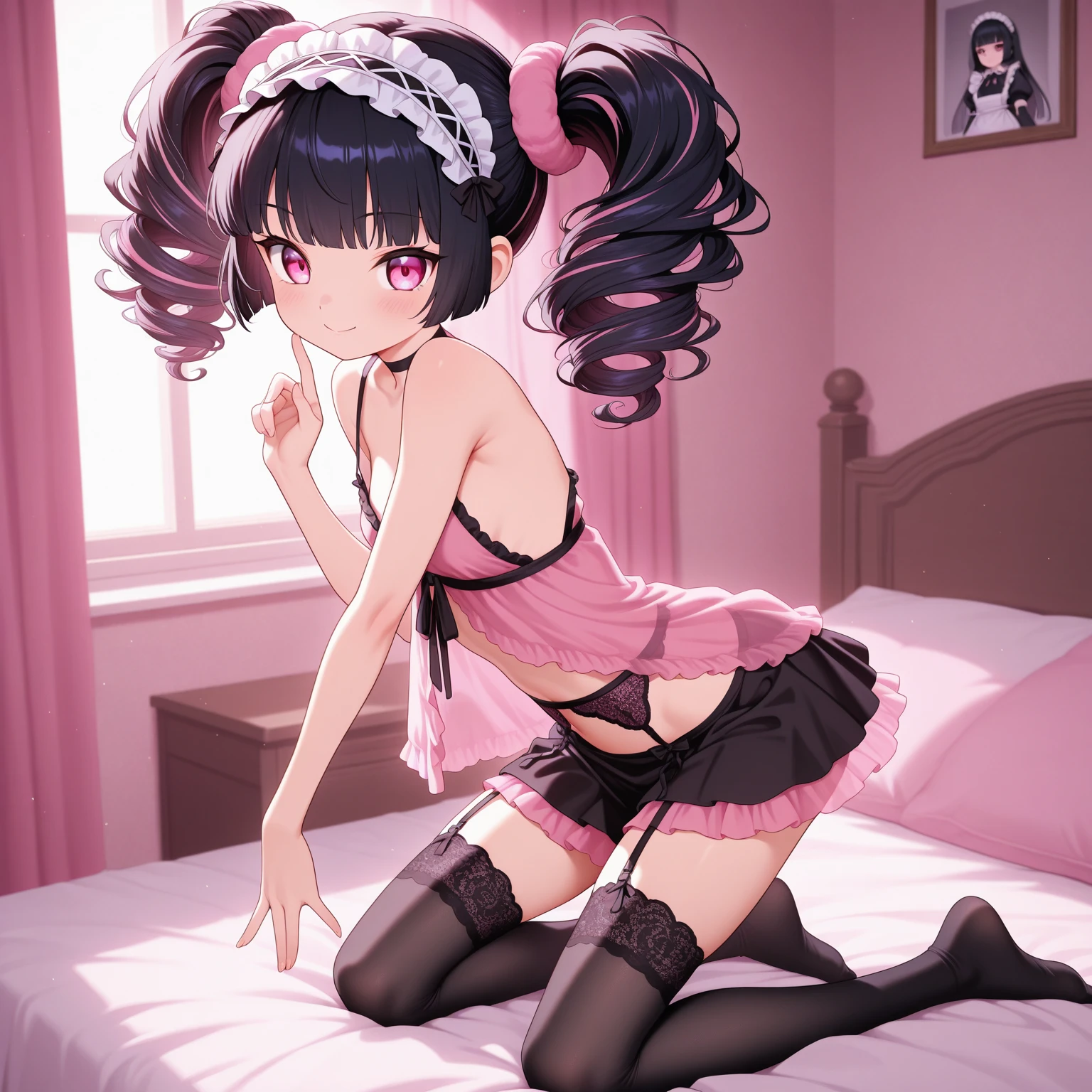 (from above:1.5),(((1girl,Beautiful 14 year old girl))),(((Slender,,low length,Small breasts,Thin legs,Small Ass,Baby Face,Small face))),Hands Behind Back,Tied with hands behind back,lick,open mouth,tongue out,cum on tongue,Black Hair,two side up,Gray Eyes,Drooping eyes,slit pupils,narrow eyes.middle School girls,Sheer black and dark pink negligee,Sexy Lingerie,Collar with leash,Kneeling,Straight Stand,Beautiful and detailed anime art,Mischievous smile,Sexy vibe,Dimly lit room,On the bed,Simple Background,Gray wall