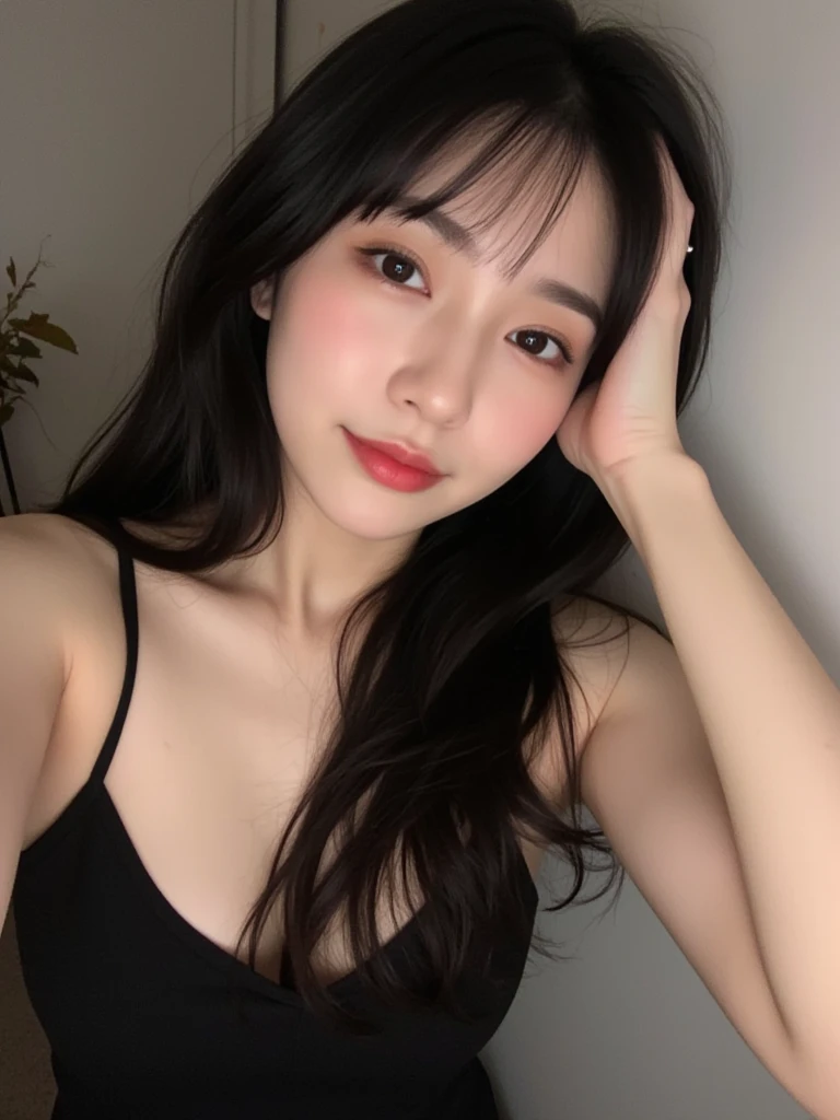 1girl,(masterpiece:1.2), (best quality:1.2), (extremely detailed), selfie from center front, (cleavage), (extremely detailed face), (((ultra-detailed eyes and pupils))), broad shoulder, (ultra detailed), 8k, photorealistic, pretty face, instagram shot, instagram style, in the bedroom, looking at viewer, facing front, perfect skin, cinematic lighting, fair skin, black hair, portrait photo, slender, no makeup, nikon RAW photo, 8k ,Fujifilm XT3, photorealistic, detailed face, dark skin, perfect shape, mouth shut, smile, wide face, indoors, sleeveless, dim lighting,(looking at viewer:1.2),  <lora:iulorashy:1>