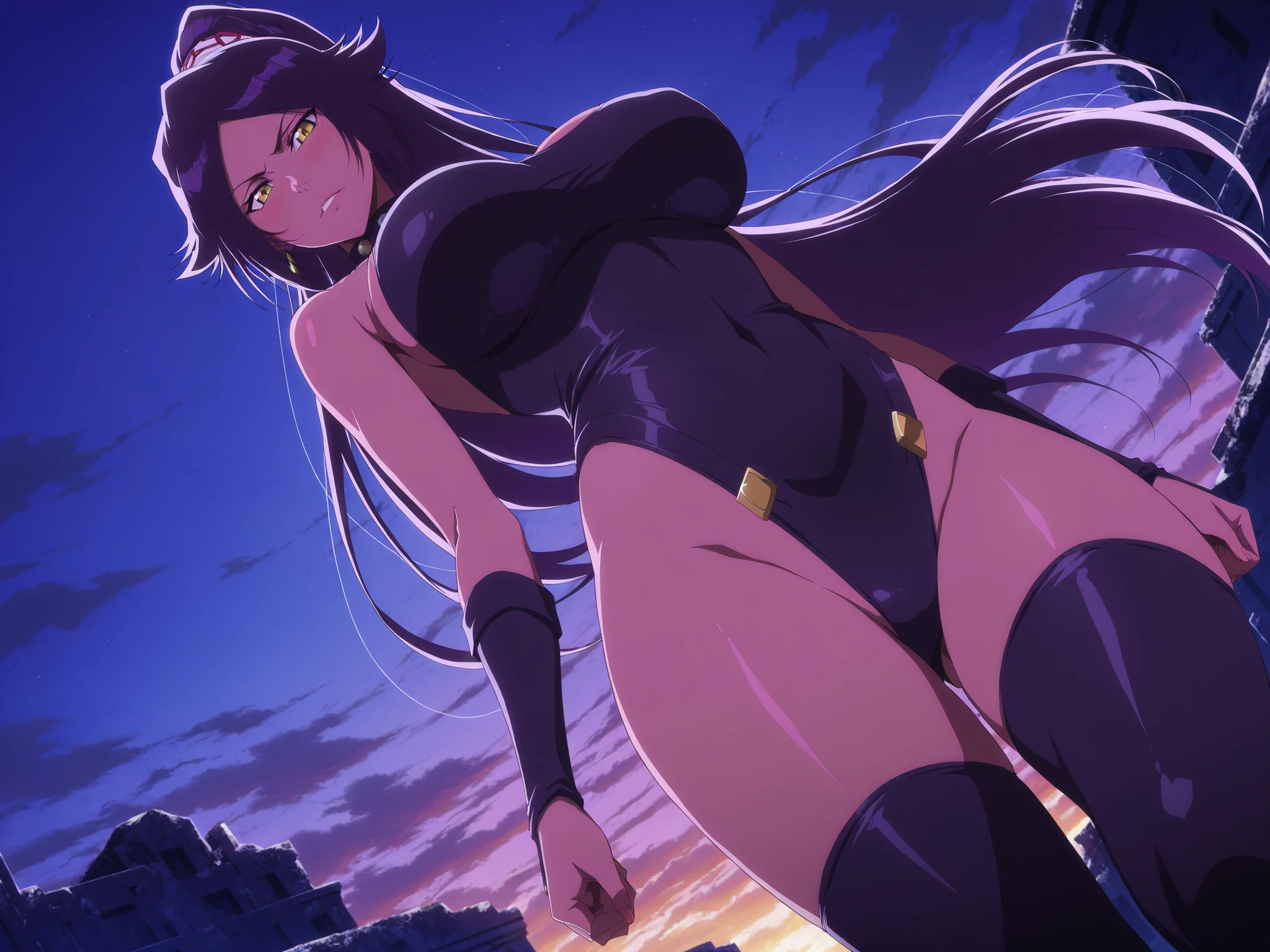 One girl, mid breasts, dark skin, serious face, brown hair, long ponytail, purple_eyes, mask, long gloves, bunny ears, stocking, high boots black leather trikini, standing