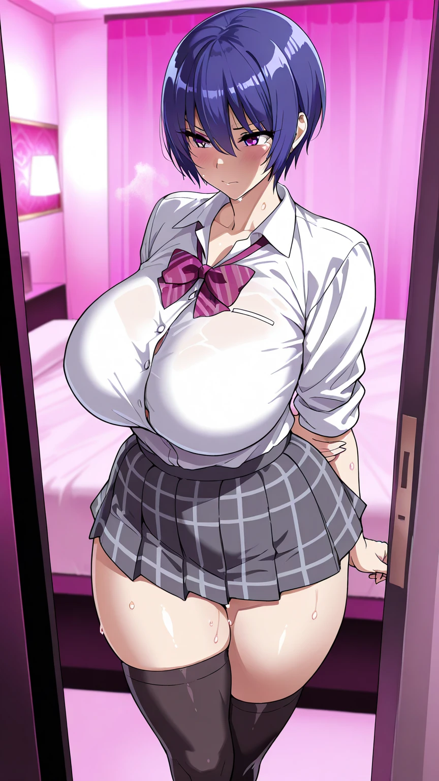 ​masterpiece, top-quality, hight resolution, Colossal tits, shirt、adult lady、a short skirt,Sheer knee socks、Provocative smile、red blush、Glowing face、Exhale hot breath、Full body like、dim bedroom、Flip up your skirt and show off your panties、Bright red full-back panties、open one's legs、The crotch is wet with love juice、covered in cum、After SEX、 dripping from female genitalia、Opening your mouth