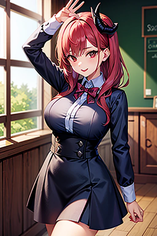 masterpiece, best quality, anime, highly detailed, 1girl, solo, , standing, classroom, monika, green eyes, brown hair, very long hair, ponytail, hair ribbon, white ribbon,