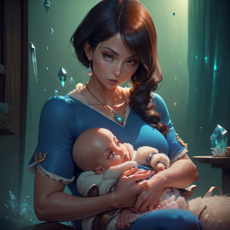 hyper detailed gouache style painting, realistic portrait of gorgeous Tiefling holding her baby, hyper realistic textures, 8k, best quality, masterpiece, smooth shadows, correct anathomy, expressive painting, magic cozy scene, warm lights