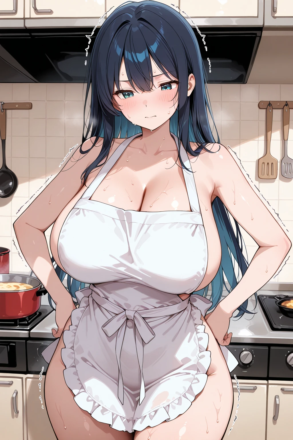 1girl, nsfw, black hair, long hair, Blue eyes,, empty eyes, large breasts, nipple, Walking, Cooking Classes, frozen, Wet, crying, Naked, (1girl) Blank look, Peeing, lactation, projectile lactation