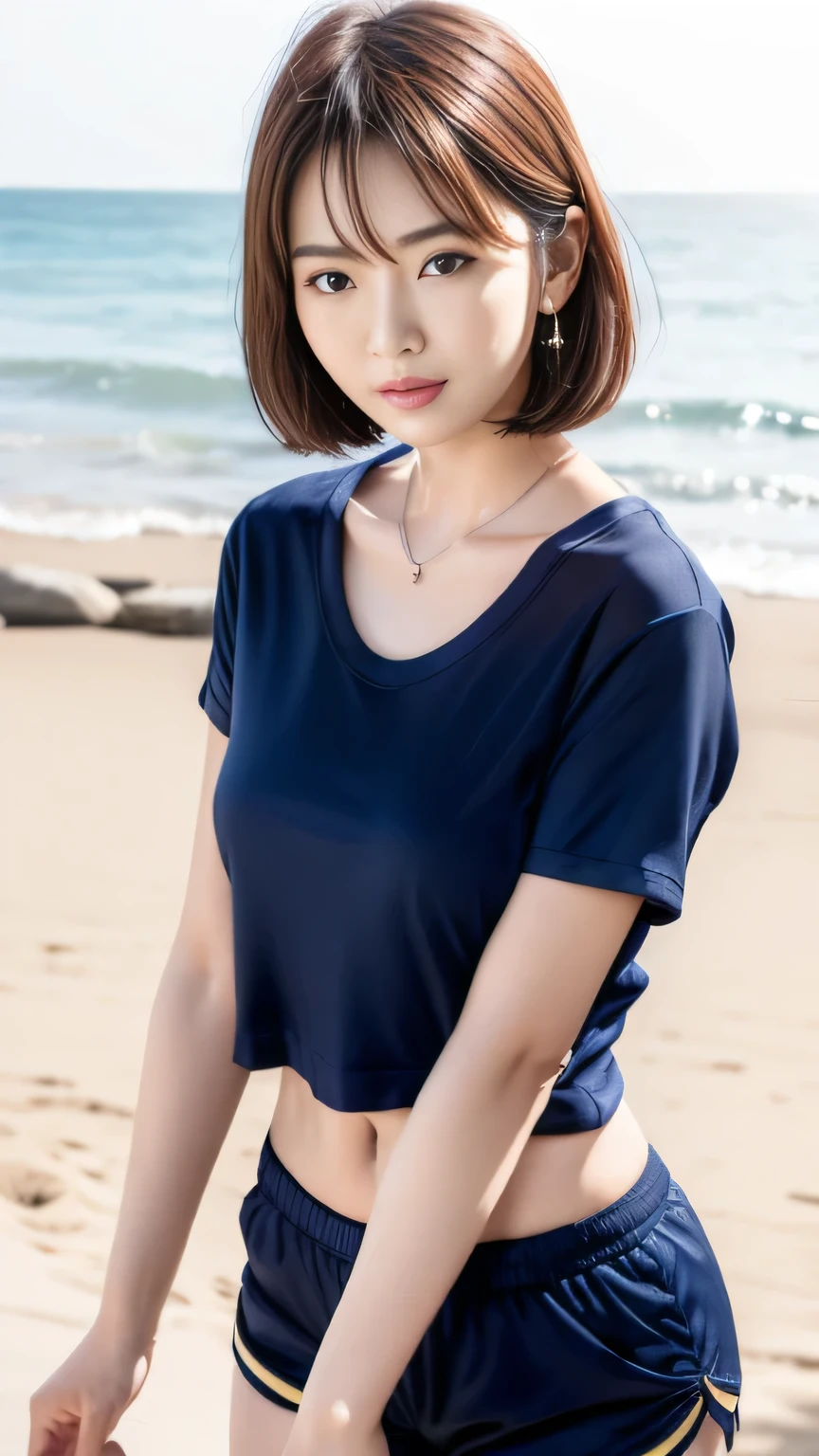 ((Best Quality, 8K, masutepiece: 1.3)), Sharp Focus: 1.2, 1 girl, Neat and clean beauty, 16 years old, emotive,Classy and elegant, A pretty girl with perfect figure, Cute, Shy, ((Medium hair swaying in the wind)), Big breasts, (Tank top: 1.1), Skirt, Highly detailed face and skin texture, Detailed eyes, Beach,