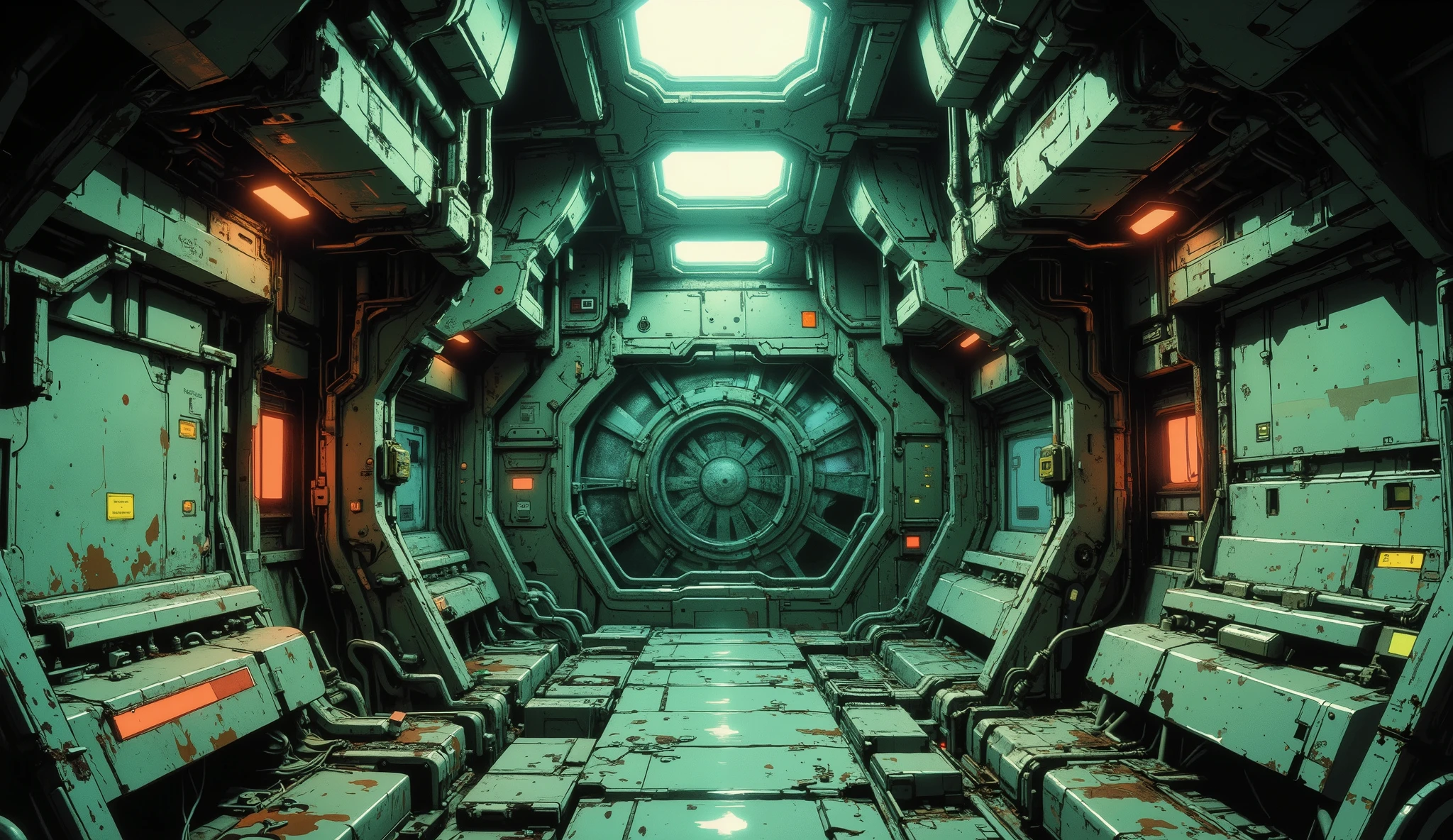 [[Anime Scene]] Masterpiece, The setting of a futuristic spaceship corridor, cyberpunk style, with a dark and retro atmosphere, inspired by 90's anime. An empty corridor of a ship, the interior of the ship is dimly lit, [[Low angle]] the background is dark and dimly lit, metal walls around the corridor, [[Smooth walls and without many details]] ', above the ceiling there are fans passing lights, little light. The walls show signs of rust and age. [[Smooth metal walls without many details]] The anime style features an anime background and a 32k cel tone technique. The rendering follows the style of the animes Vampire Hunter: Bloodlost and Blame and Black Lagoon. Exposed wires. The ship has a steampunk style. Straight and linear walls, [[Low angle]] inspired by post-apocalyptic spaceships. [[The corridor is wide and in the background you can see a door]]