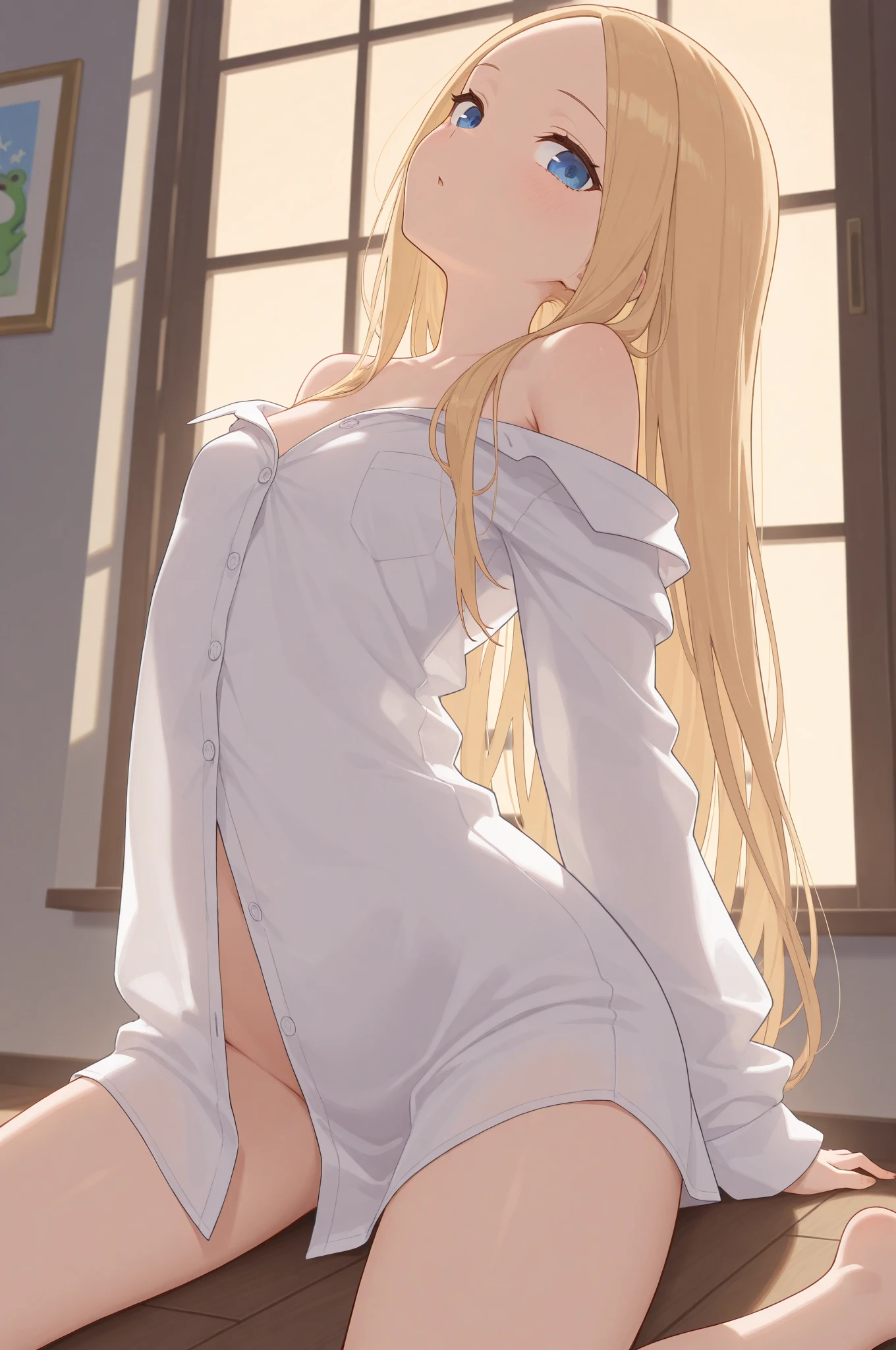 Anime girl with long blonde hair sitting cross-legged on bed, blonde Long Hair Anime Girl, Lit from behind, Enchanting anime girl, Top rated on pixiv, Blonde Goddess, Long blonde hair, Blonde Princess, Anime Goddess, , Beautiful and attractive anime teen, From Girls Frontline, Naughty, Long Hair Anime Girl
