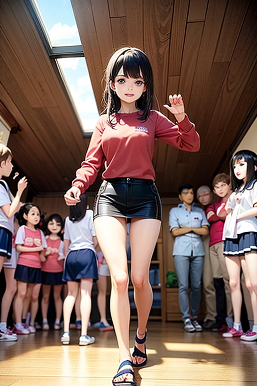 18 year old girl standing and crying in the middle of the classroom, BREAK (completely nude:1.2), (naked:1.2), BREAK add a lot of people, crowd, long distance shot, clear face, (embarrassed, panicking, upturned eyes, full-face blush, open mouth, parted lips:1.3), long distance shot, full body view, wearing white ankle socks only, not wearing shoes, standing in the middle of the crowd
