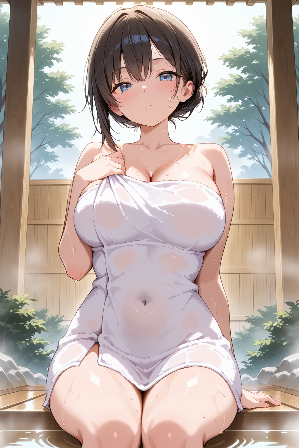score_9, score_8_up, score_7_up, source_anime, best quality, amazing quality, very aesthetic, 1girl, dark brown eyes, short hair, bob haircut, black hair, portrait, shiny skin, shiny hair, starshadowmagician, solo, Adult woman, best perfect anatomy, seductive pose, thin, curvy body, grabbing her breast, showing her breast, cleavage, Deep brown eyes, blushes, embarrassing look, open mouth, (((She hides her body with a white bath towel, breast covered with towel)), spa, (large breasts)), slim and thin, body of equal proportions, ((focus on her breast)), front view, dynamic angle. perfect dynamic composition, night days, volumetric lighting, onsen backgrounds, Woman relaxing in hot spring, a soothing atmosphere, Quiet and calm background,