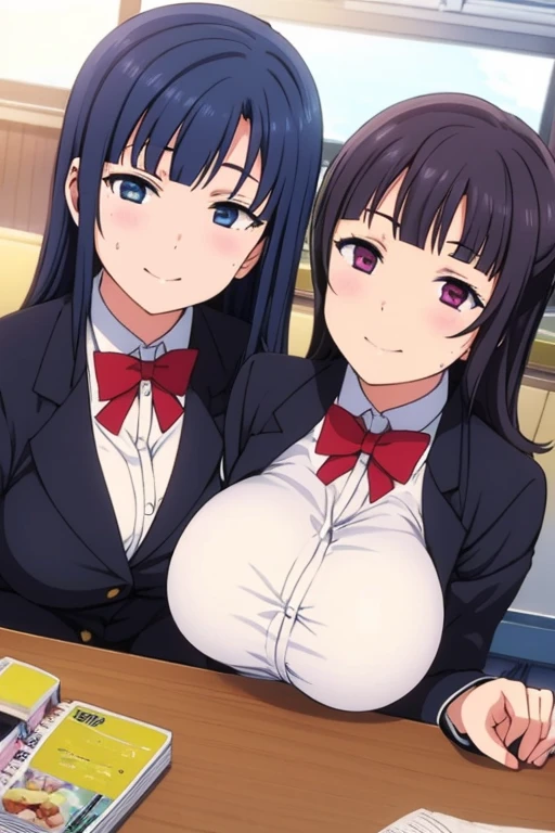 ero style, breasts, 3girls, multiple girls, huge breasts, black hair, long hair, blush, braid, cleavage