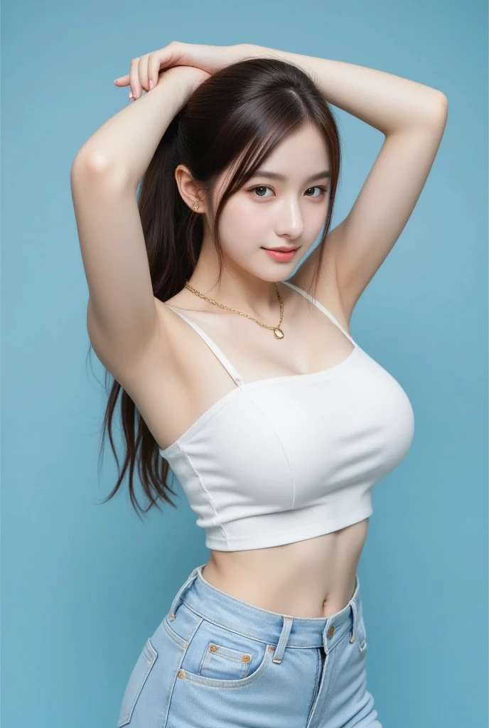((white background, Best quality, 8k, Masterpiece :1.3)), Whole body, Long legs, Sharp focus :1.2, A pretty woman with perfect figure :1.4, Slender abs :1.1, ((Dark brown hair, Big breasts :1.2)), (White tight tshirt, Jean bib, Standing:1.2), Highly detailed face and skin texture, smiling, Detailed eyes, Double eyelid, Taking V-signs