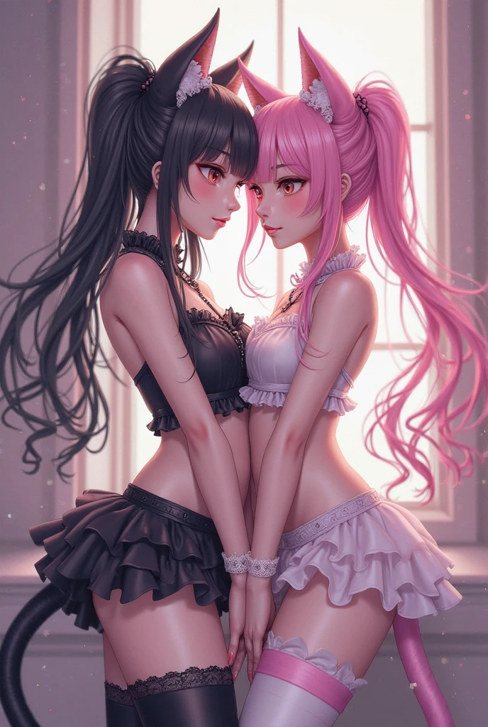Two women wearing maid clothes are standing, Standing with her skirt lifted and showing her pink pantieultiple, women group, 2 people, high ponytail, slender body, large breasts,erection of nipple, panties, underwear, skirt, lacy pink panties、dark pink, Draw panties with super precision, side-tie panties, satin panties, lying, thighhighs, garter belt, skirt lift, show off panties, realistic
