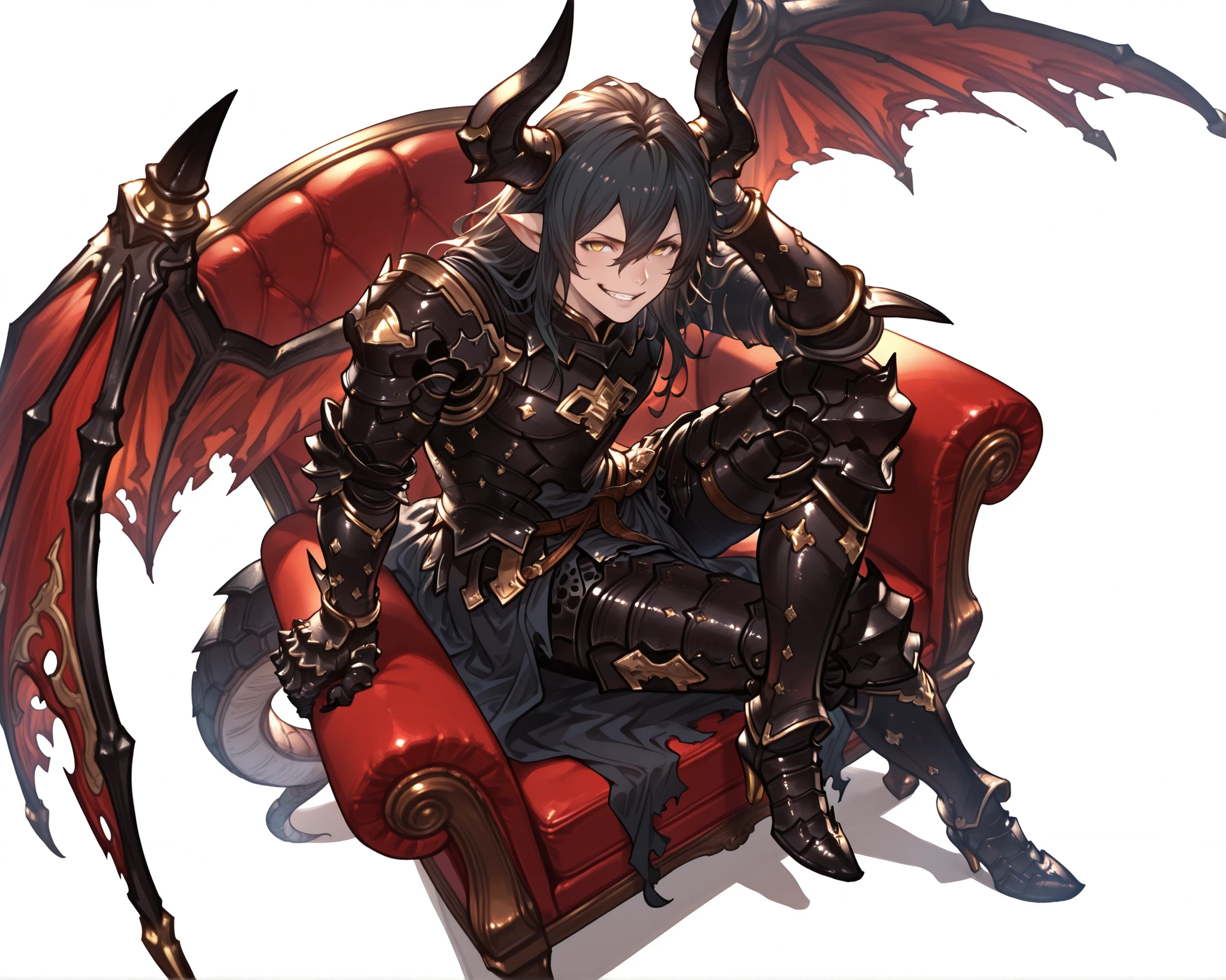 score_9, score_8_up, score_7_up, absurdres, (((128K Ultra High Resolution))), (masterpiece, best quality: 1. 5), (high definition: 1, 4), (highres), 8K wallpaper, (excellent graphics: 1. 5), CG, (((Japanese Anime style))), (Granblue Fantasy), (1 male), solo, (lean body, masculine), weredragon, glossy black, shiny black leather, ((beautiful golden eyes, finely detailed eyes, bright eyes, slit pupils)), hair between eyes, black hair, long hair, sideburns, wild hair, (sly grin, sinister grin, smirk), teeth, confident, (((ultra detailed face))), shiny skin, long pointy ears, twisted torso, long-legged, sculpted face, wasp waist, dragon horn, dragon tail, dragon wings, dragon sharp claws, (black armor with a lot of grandiose decorations: 1. 5), half dragon half human, (sit cross-legged, closed legs, sit sideways, luxury antique red plush velvet chair: 1. 5), (dramatic angle, dynamic pose: 1. 5), (ultra detailed black armor, well-polished black armor: 1. 5), (gold-adorned armor: 1. 5), all black outfit, full body, sharp focus, good-looking man, (best illustration, highly detailed artwork: 1. 5), (cinematic), dramatic lighting, (intricate detail, extreme detailed, super detailed: 1. 5), (stark contrast, heavy shadows: 1. 3), detailed black decorations, beautiful and aesthetic, photoreal, (from side), ((from above)), (mysteriously crafted black metal armor: 1. 5), thick & luxuriant hair, (ultra detailed fantasy black armor, wonderful black armor: 1. 5), (realistic metal texture), broad shoulder, true-to-life visuals, artistically refined, (extremely delicate & beautiful armor, elaborate armor details: 1. 5), (giant black armor, dark armor, stylized armor: 1, 5), (((armor-type high heels))), (extremely detailed armor with intricate engravings, intricate armor with gold ornaments: 1. 5), ((very gorgeous & dazzling)), (dark fantasy black knight: 1. 5), slim waistlines, wide chested, sinewy body, (Hyper Detailed & Perfectly Designed Black Armor: 1. 5), (simple white background)