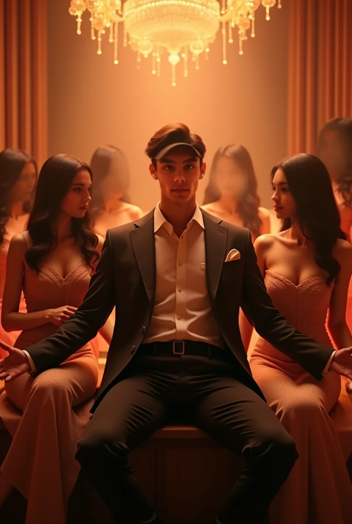 luxury attire, Indian rich man enjoying with girls, Millinor life, one man, 5 girls, weekend party, luxury place, luxury sofa, the man start drinking in middle of the girls, dynamic scene, dynamic pose