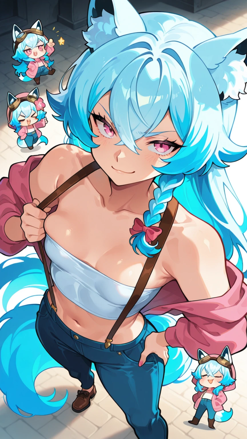 score_9, score_8_up, score_7_up, lum, solo, long hair, bangs, blue hair, blue eyes, horns, pointy ears, aqua hair, eyeshadow, legs view, focus on legs, feet, round butt, thigh strap, tan lines, lace panties, delicate and smooth skin, perfect body, thighs, highly detailed, concept art, expressiveh, concept art, flat color,