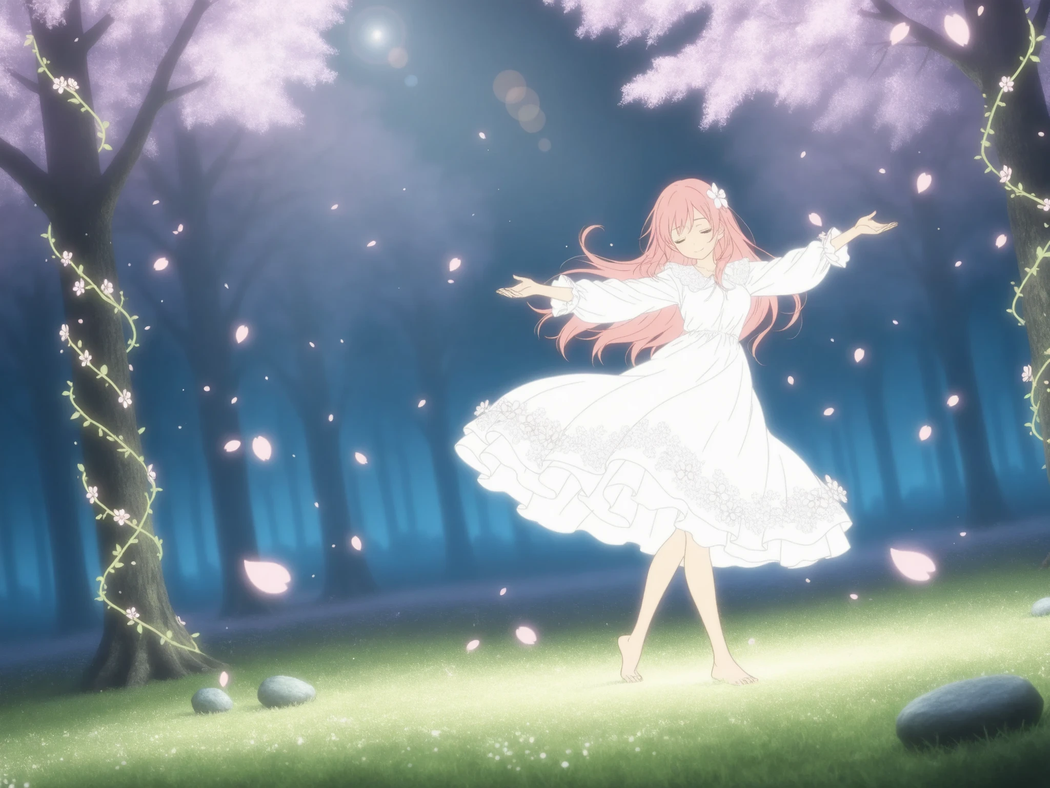 relaxed and cozy style,simple color,(flat color:1.2),girl manga style,
1girl, long pink hair with flower ornaments, flowing petal-like dress, barefoot on grass, arms extended sideways in ritual dance, closed eyes with peaceful smile, glowing aura around her,BREAK,spring forest glade filled with cherry blossoms, magical petals swirling in the air, light fog on ground, radiant floating orbs, ancient carved stones, glowing vines climbing trees,BREAK,wide angle shot from the side, early morning light, low contrast shadows, gentle lens flare,
3d background,real background,