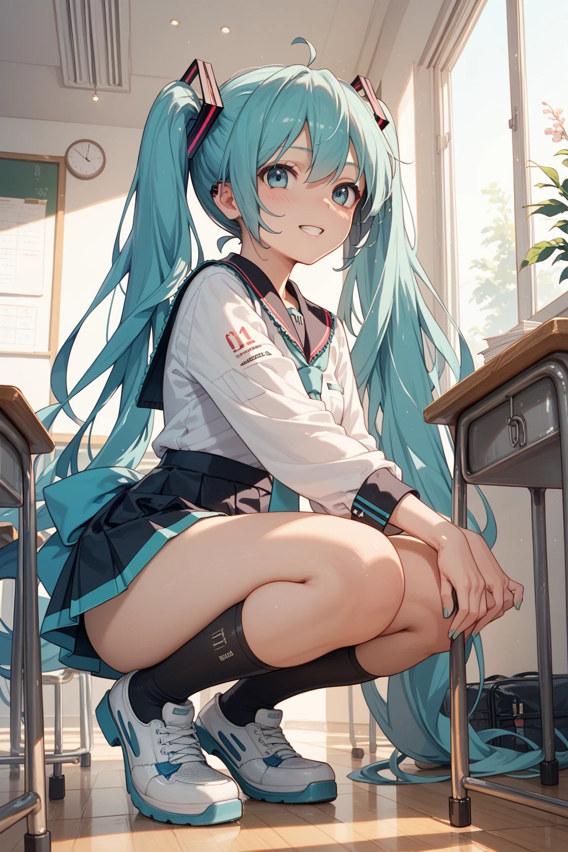 Hatsune miku x vixen 24 years old add_detail:1 aqua fur Masterpiece High quality High resolution、Anna Tanaka , wide, Sit with your knees bent、Eight-headed body、beauty legs 、At a school、As if looking up from below、embarrassed add_detail:1, schoolar uniform add_detail:1