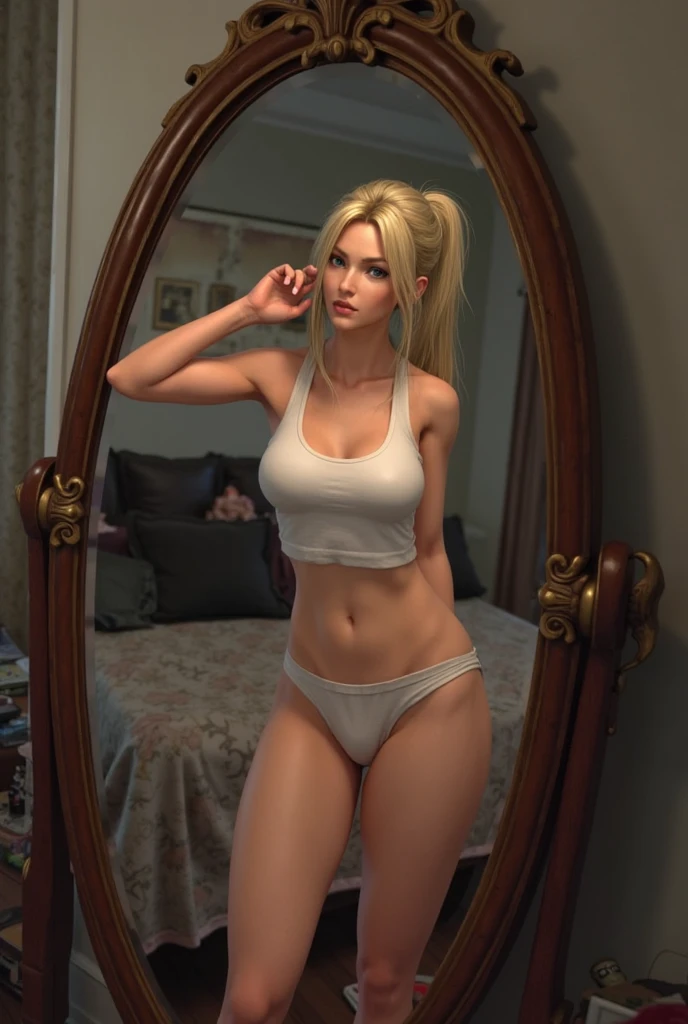 (masterpiece), (best quality), (ultra detailed creation), young lady, ((bikini transparent)), (locate in bedroom), huge breasts, thighs, blush, seductive pose, (((solo)))
