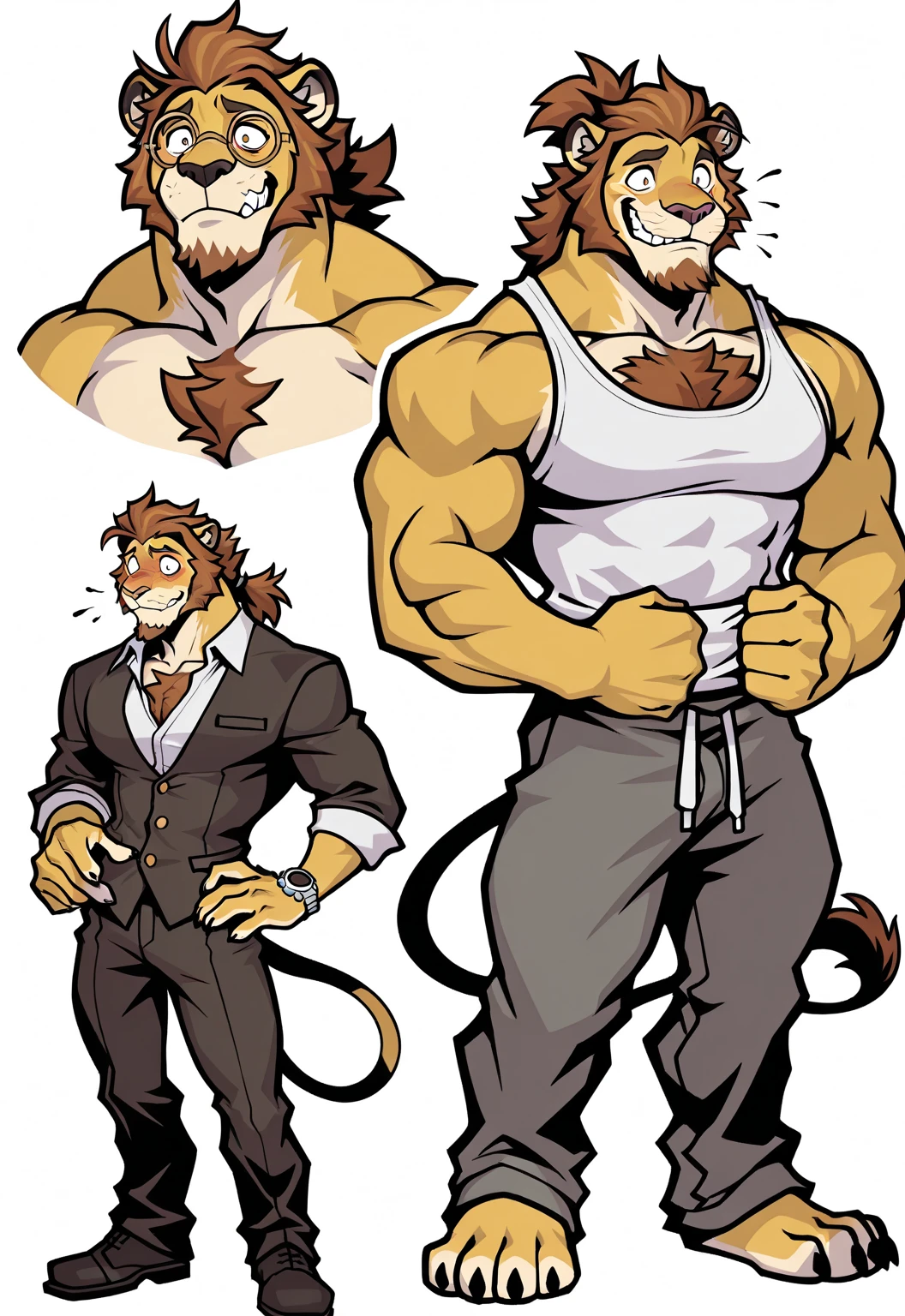 Caricature of a handsome man, muscular body, , muscular chest, abs,big arms, wearing cat head gear, shirtless, posing seductively, leather pants, white background 