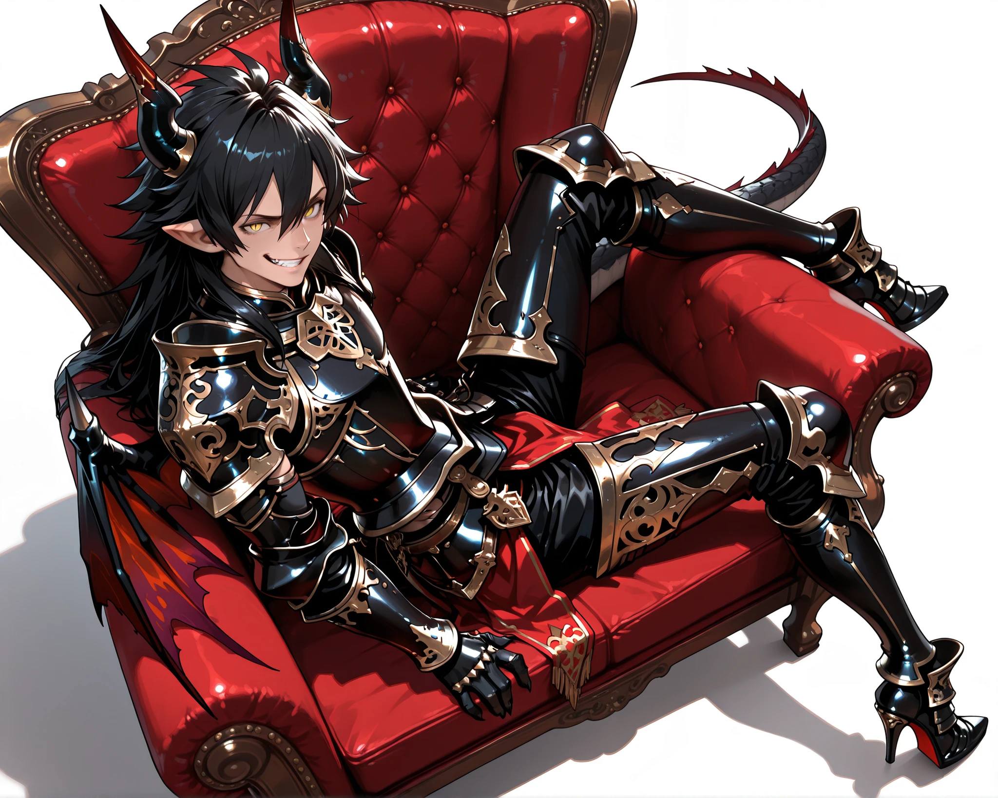 score_9, score_8_up, score_7_up, absurdres, (((128K Ultra High Resolution))), (masterpiece, best quality: 1. 5), (high definition: 1, 4), (highres), 8K wallpaper, (excellent graphics: 1. 5), CG, (((Japanese Anime style))), (Granblue Fantasy), (1 male), solo, (lean body, masculine), weredragon, glossy black, shiny black leather, ((beautiful golden eyes, finely detailed eyes, bright eyes, slit pupils)), hair between eyes, black hair, long hair, sideburns, wild hair, (sly grin, sinister grin, smirk), teeth, confident, (((ultra detailed face))), shiny skin, long pointy ears, twisted torso, long-legged, sculpted face, wasp waist, dragon horn, dragon tail, dragon wings, dragon sharp claws, (black armor with a lot of grandiose decorations: 1. 5), half dragon half human, (sit cross-legged, closed legs, sit sideways, luxury antique red plush velvet chair: 1. 5), (dramatic angle, dynamic pose: 1. 5), (ultra detailed black armor, well-polished black armor: 1. 5), (gold-adorned armor: 1. 5), all black outfit, full body, sharp focus, good-looking man, (best illustration, highly detailed artwork: 1. 5), (cinematic), dramatic lighting, (intricate detail, extreme detailed, super detailed: 1. 5), (stark contrast, heavy shadows: 1. 3), detailed black decorations, beautiful and aesthetic, photoreal, (from side), ((from above)), (mysteriously crafted black metal armor: 1. 5), thick & luxuriant hair, (ultra detailed fantasy black armor, wonderful black armor: 1. 5), (realistic metal texture), broad shoulder, true-to-life visuals, artistically refined, (extremely delicate & beautiful armor, elaborate armor details: 1. 5), (giant black armor, dark armor, stylized armor: 1, 5), (((armor-type high heels))), (extremely detailed armor with intricate engravings, intricate armor with gold ornaments: 1. 5), ((very gorgeous & dazzling)), (dark fantasy black knight: 1. 5), slim waistlines, wide chested, sinewy body, (Hyper Detailed & Perfectly Designed Black Armor: 1. 5), (simple white background)