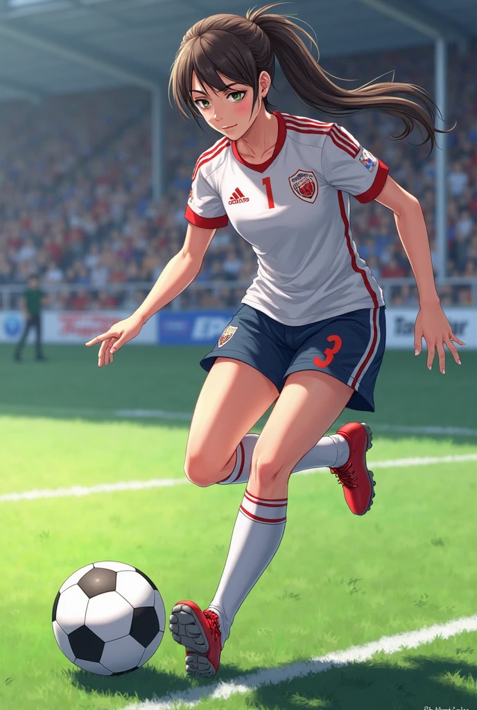 (masterpiece,highest quality,超A high resolution),japanese woman, (((very beautiful 12 year old girl))), pretty girl、look at the photographer、 ((beautiful low ponytail)), super cute face, glossy lips, double eyelids in both eyes,natural smile、 natural makeup, long eyelashes, Shiny and smooth hair、center image, perfect limbs, perfect anatomy,(((soccer uniform)))、(((turn around and look back)),(wet with sweat),,