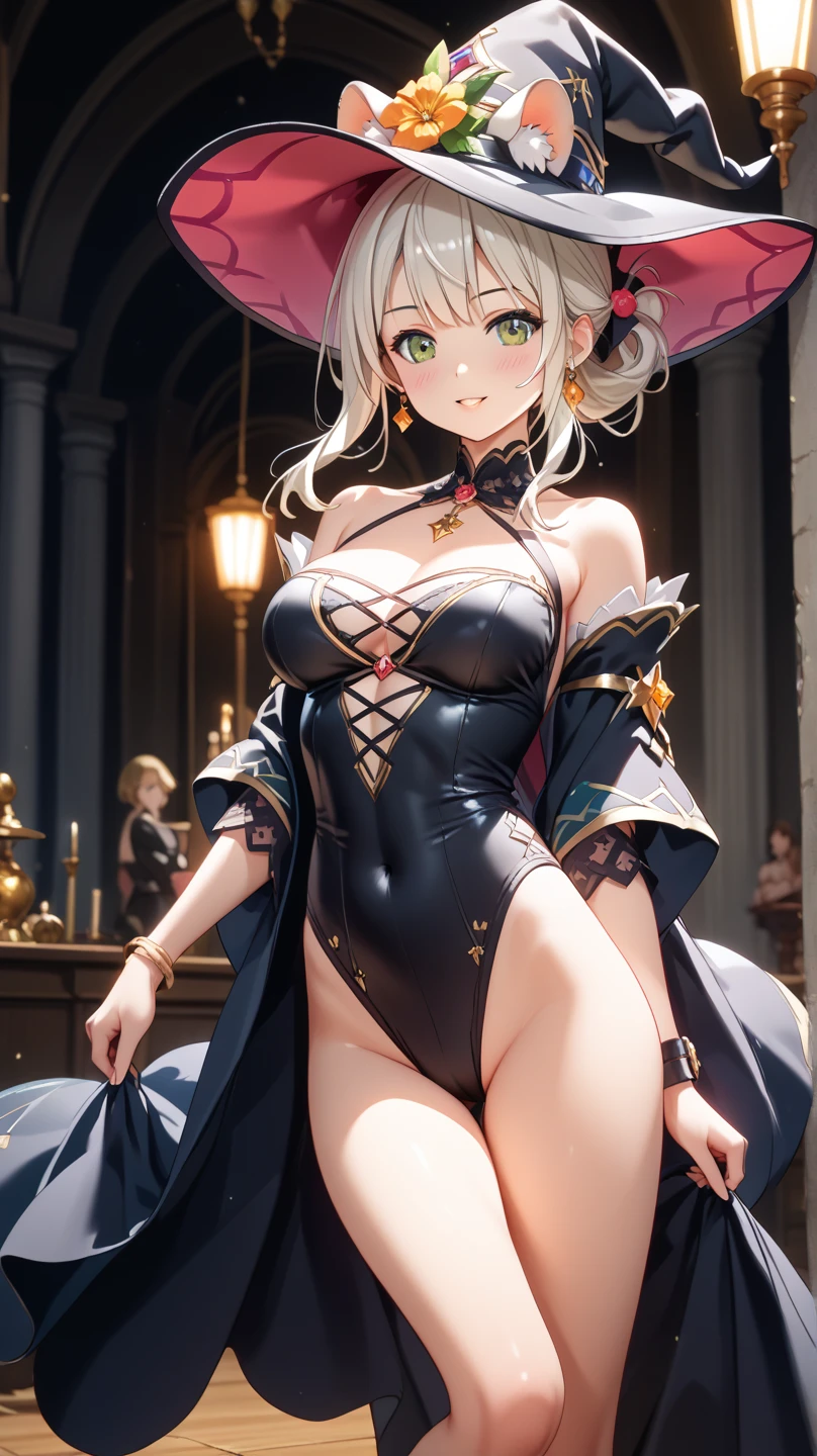 (dynamic angle:1.3, front view:1.1, breast focus:1.3, from above:1.2), (dynamic posing:1.5, sexy posing:1.2, leaning forward), (seductive smiling:1.3),(*K) HD, highest quality, Anime style beutiful woman, 1girl,fullbody, happy, (with sparkling eyes and a contagious smile:1.2), red face, closed mouth, beautiful detailed eyes, super detailed skin, backlighting, bare shoulders, black background, black dress, black gloves, silver hair, breasts, dress, earrings, fingerless gloves, floating hair, floral print, flower, gloves, gold earrings, gold hairband, hair flower, hair ornament, hairband, holding, holding two-hands weapon, jewelry, medium breasts, long hair, looking at viewer, off-shoulder dress, off shoulder,red eyes, short hair with long locks, sidelocks, solo, spikes, thighs, two-sided dress, two-sided fabric, weapon, fighting stance , face, close up, from above, highest quality, high resolution,Real World, Natural light,perfect Natural light,looking at viewer,