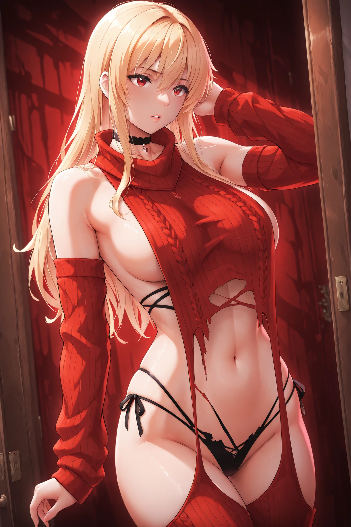 (very close up) (1girl) (adult woman) (topless) (naked) (lying in bed) (ruby red chains on wrists) (wrists chained together above head) (from side) (very arched back) (ankles chained) (stretched body:1.2) (girl looking at viewer intently) (ruby red halo) red rose choker, night, dark cozy bedroom, (extremely large breasts), (very thin waist), Long HAIR, (blonde hair), Dynamic Angle, (detailed face:1.1) (dynamic lighting:1.1), (face in pain) (ruby red eyes glowing) (ruby red leaf bracers on arms) (ruby red leaf hair piece) (elaborate ruby necklace) (red roses on bed) (red roses in hair) (stunning beautiful red eyes)
