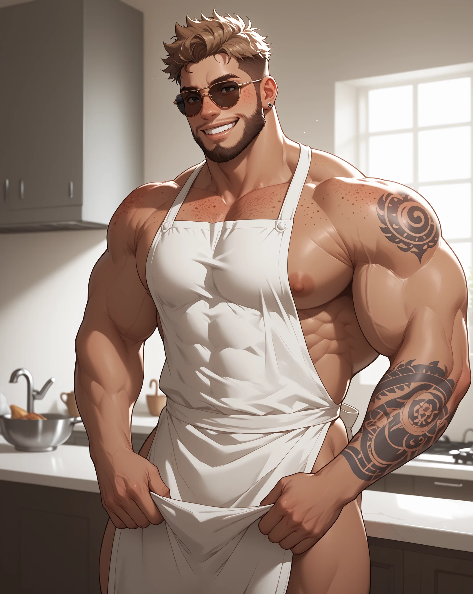 Robust man, muscular body, wavy red hair, masculine face, red mustache, rustic appearance, green eyes, sensual smile, huge hairy chest, huge biceps, hairy body, freckles on his face, oily and shiny skin. He is standing in the living room with a glass of wine in his left hand, with a bare back and short white shorts, wet and transparent and with a huge bulge in his groin