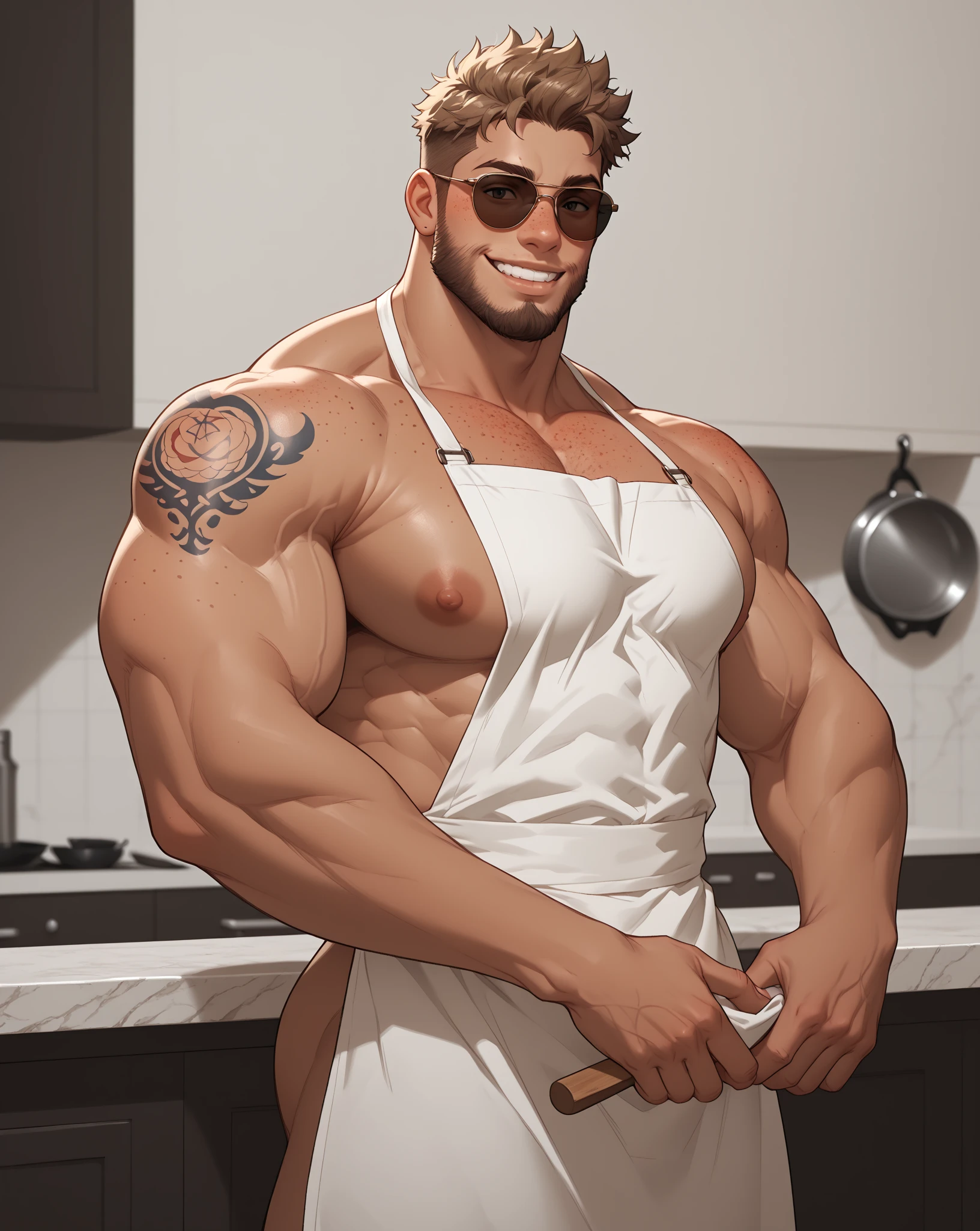 1boy, male, femboy hooters outfit, muscular, Brown skin, tanned skin, abs, standing, femboy, flat chest,  arms behind back, his arms are not visible and are behind his back, dmug grin