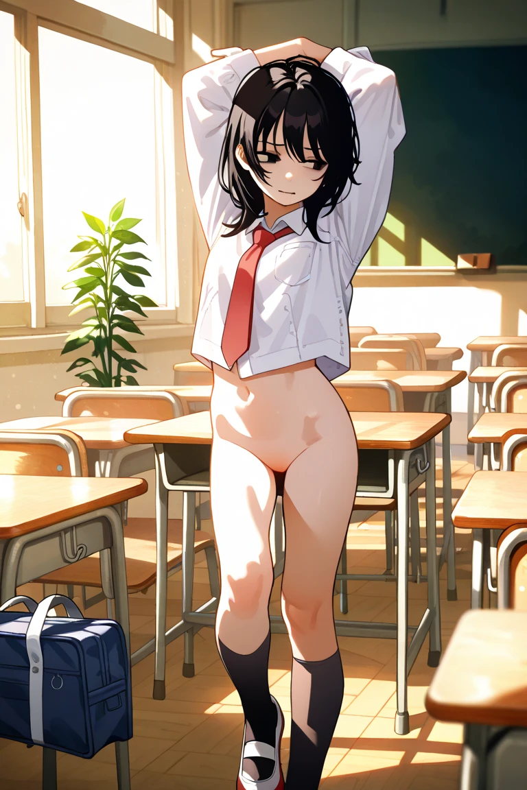 Highest quality,masterpiece,Black Hair,pubic hair,She takes off her clothes and shows the boys her naked body.,classroom,Good guy,Shy laugh