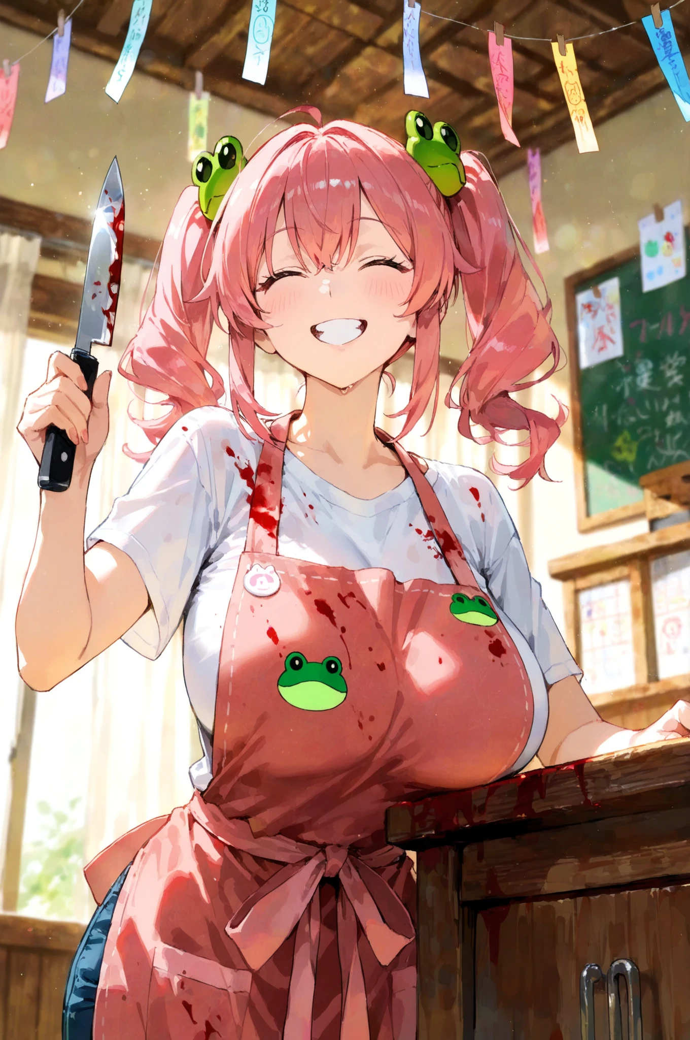 (masterpiece:1.3) 1girl, , (female serial killer:1.5) (skinny with an ugly face:1.3) working at Walmart, wearing an apron with topless under the apron, wide eyes, blood stains on clothes, short khaki shorts, big evil smile, (holding a knife:1.3), horror Walmart background, florescent grocery store lighting, deep shadows , extreme details, , complimentary lighting colors, deep skin, , brightly colored composition, "constricted pupils, small pupils, yellow glowing eyes", Slender Girl, OL, JK, purple bags_under_eyes, ( downblouse, BarbaraEvenot, Bags und
