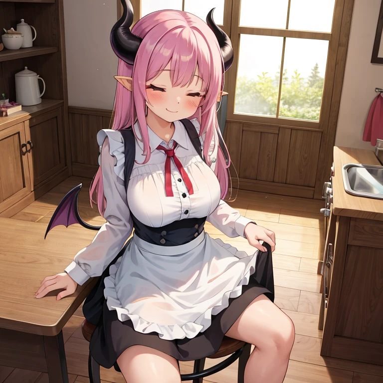 Anime girl with pink hair and horns holding a knife in the bathroom, succubus in tight short dress, beautiful succubus, demon anime girl, Portrait of a succubus in a sundress, succubus, oppai proportions, top rated on pixiv, clean detailed anime art, guweiz, detailed anime artwork, oppai, succubus | medieval, seductive anime girl