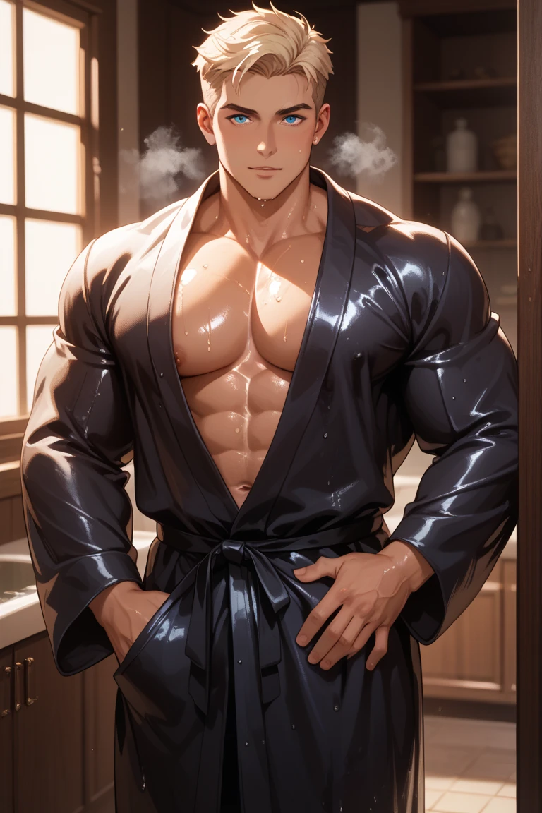 (absurderes, A high resolution, Ultra detailed, hdr), Masterpiece, Best quality, Portrait of a boy, Handsome boy with red eyes, Detailed face, Professional photo, The Arafards went into battle shirtless, legs are open, Lie comfortably， (puffynipple(From below:1.1)), Focus on your audience, 18 year old boy, Handsome boy, [ well-defined body ], [Firmly defined body]，Abs, ((A lot of black hairy))，((veins hairy on arm)), chest muscle，(((large bulge))), White skin and short silver gray hair, Detailed skin and texture, Soaking, Wt, Transparent shirt open, Ultra shorts towel，hot onsen, outdoor, wooden bucket, japanese lantern light, night starry, 16k