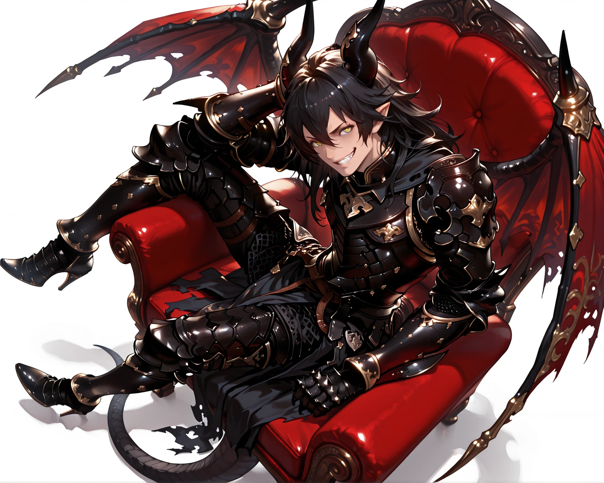 score_9, score_8_up, score_7_up, absurdres, (((128K Ultra High Resolution))), (masterpiece, best quality: 1. 5), (high definition: 1, 4), (highres), 8K wallpaper, (excellent graphics: 1. 5), CG, (((Japanese Anime style))), (Granblue Fantasy), (1 male), solo, (lean body, masculine), weredragon, glossy black, shiny black leather, ((beautiful golden eyes, finely detailed eyes, bright eyes, slit pupils)), hair between eyes, black hair, long hair, sideburns, wild hair, (sly grin, sinister grin, smirk), teeth, confident, (((ultra detailed face))), shiny skin, long pointy ears, twisted torso, long-legged, sculpted face, wasp waist, dragon horn, dragon tail, dragon wings, dragon sharp claws, (black armor with a lot of grandiose decorations: 1. 5), half dragon half human, (sit cross-legged, closed legs, sit sideways, luxury antique red plush velvet chair: 1. 5), (dramatic angle, dynamic pose: 1. 5), (ultra detailed black armor, well-polished black armor: 1. 5), (gold-adorned armor: 1. 5), all black outfit, full body, sharp focus, good-looking man, (best illustration, highly detailed artwork: 1. 5), (cinematic), dramatic lighting, (intricate detail, extreme detailed, super detailed: 1. 5), (stark contrast, heavy shadows: 1. 3), detailed black decorations, beautiful and aesthetic, photoreal, (from side), ((from above)), (mysteriously crafted black metal armor: 1. 5), thick & luxuriant hair, (ultra detailed fantasy black armor, wonderful black armor: 1. 5), (realistic metal texture), broad shoulder, true-to-life visuals, artistically refined, (extremely delicate & beautiful armor, elaborate armor details: 1. 5), (giant black armor, dark armor, stylized armor: 1, 5), (((armor-type high heels))), (extremely detailed armor with intricate engravings, intricate armor with gold ornaments: 1. 5), ((very gorgeous & dazzling)), (dark fantasy black knight: 1. 5), slim waistlines, wide chested, sinewy body, (Hyper Detailed & Perfectly Designed Black Armor: 1. 5), (simple white background)