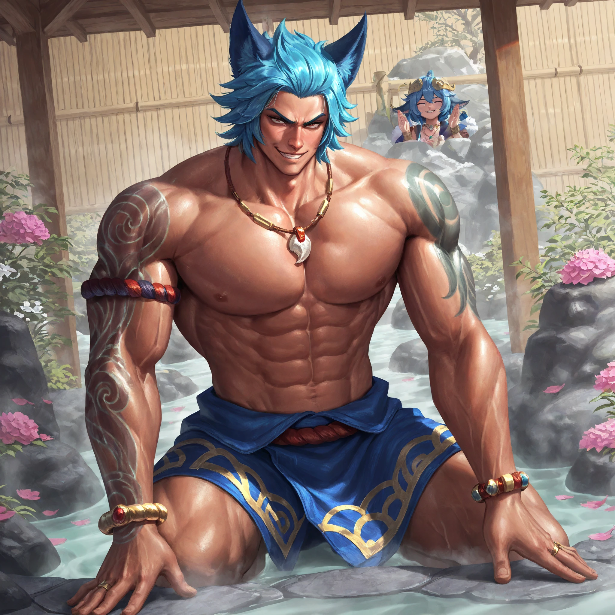 ((masterpiece)),((best quality),)illustratio,Beautiful body,Beautiful Nose,perfect eyes,perfect face, ),(beautiful face:1.2),beautiful legs,perfect legs,shiny skin,official style,sfw,,anime coloring, Femboy
1boy, animal ears, blue hair, blue eyes, cat ears, tail, cat tail,solo,flower,Blue Hakama, Kimono, shrine maiden attire ,(outdoor, Japanese Temple,Blue sky,White cloud,garden:1.5), attacking,(Perfect hand,Nice hands), Male body:1.5, Thick thighs,Wide Hips, Fat ass
