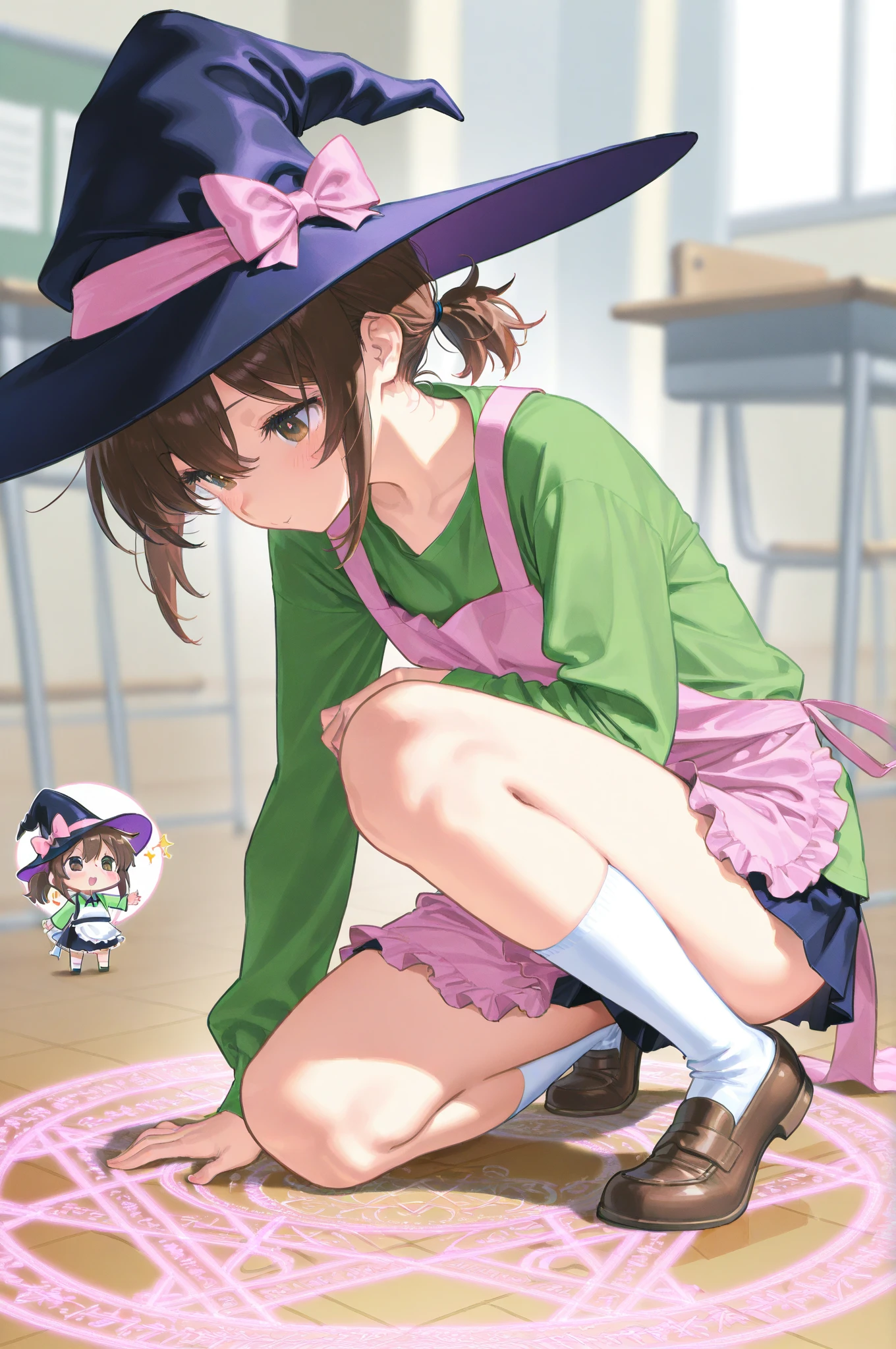 Witch Hat (Brown Hair) Long Hair (Small breasts) (Purple Eyes) (((child))) (Slanted Eyes) (low length),(Turn around) (((solo))), Embarrassed, blush, uniform、(I'm pulling up my skirt) (((A girl farts)))Standing with legs together
、(Holding on)((Her butt is facing me)) ((Loli face)(((Yellow gas leaking from the anus)))(((High quality eyes)))