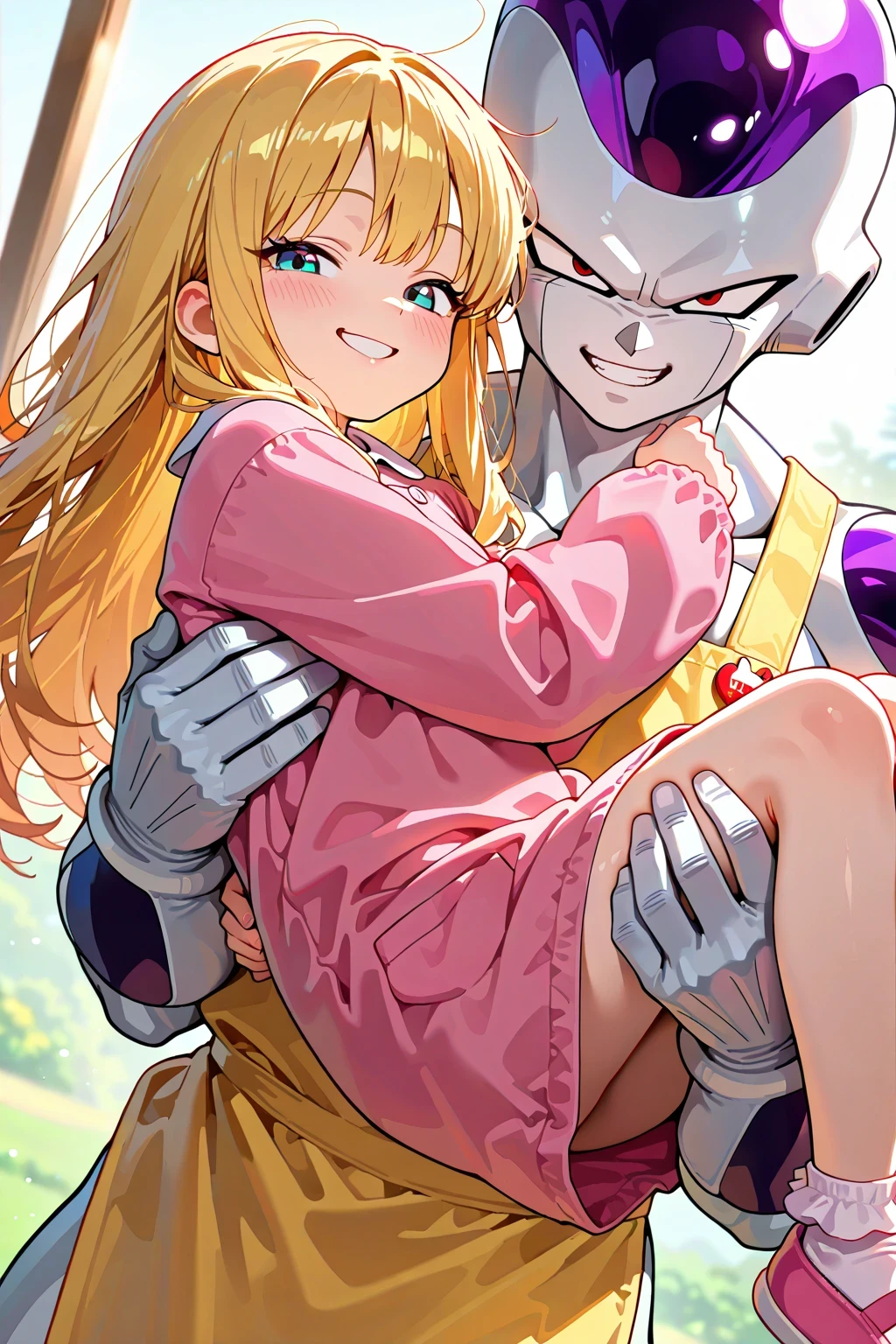 1boy and 1girl, frieza wearing apron, princess carry, looking at viewer with smug grin, carrying a sleeping peacefully girl wearing pink kindergarten smock, masterpiece, best quality,