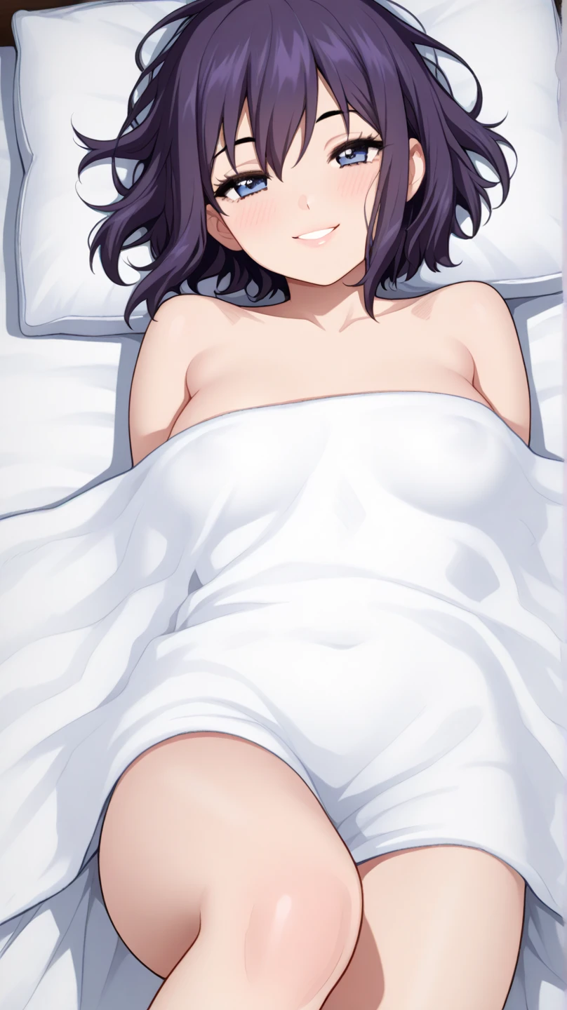(((masterpiece, highest quality:1.5))),nsfw,POV,(having sex:1.3,motion line),cowboy shot,20 year old beauty, solo,(((very small head:1.2))),dark purple hair,(short bob hair),blunt bangs,purple eyes,orgasm face,tears,drooling,medium breasts,(((very long body,slender body))).,skinny,gleaming skin,oily skin,sweat,naked,nipples,clavicle、navel、vagina,vaginal penis,Love juice:1.5,lying,on back,(spread legs:1.5),leg up,Simple bed、Simple bedroom、