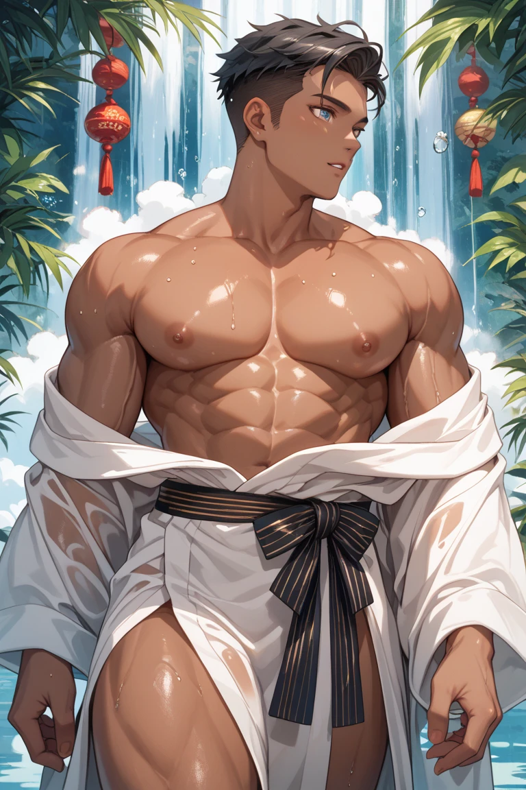 Muscular Asian man handsome face, Greek god body, small waist, Dressed in a small wet white thong and a huge bulge underneath, Clearly elegant short hair, within ancient Korean time, Flowers and mist around