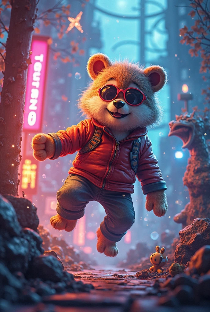 (Winne the pooh) walking through a dystopian cyberpunk city from Blade Runner, neon city, wearing a jacket