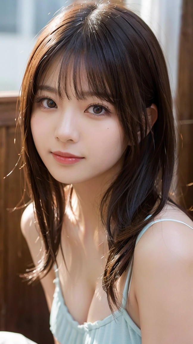 ((highest quality, 8k, masterpiece: 1.3)), sharp focus: 1.2, beautiful woman with perfect style, sitting on the bed wearing a swimsuit: 1.4, perfect eyes, perfect iris, perfect lips, perfect teeth, perfect skin, please&#39;polish, water droplets on face, thin abs: 1.2, ((dark brown hair, big: 1.2)), (Natural light, balcony: 1.1), Highly detailed face and skin texture, fine eyes, double eyelid,