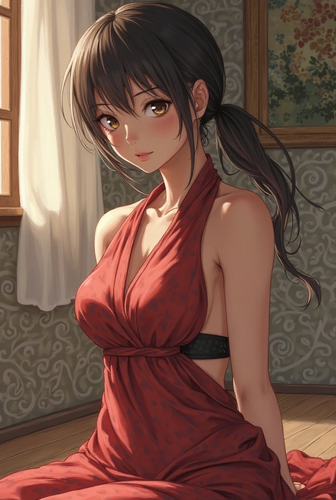 ((best quality)), ((masterpiece)), (detailed), 1girl, off-shoulder sweater, NSFW, small breasts, prominent collarbones, skinny arms, flat stomach, visible hip bones, long hair, ponytail, thick ponytail, heavy ponytail, red and white clothing, full body, whole body, body