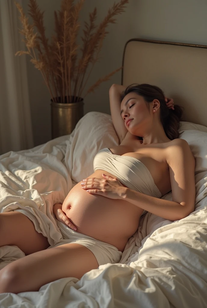 Young cinnamon-skinned Latina with a droopy nose, dark brown wavy hair with copper eyes and moles on her face. With a soft white nightgown and a 6-month pregnant belly