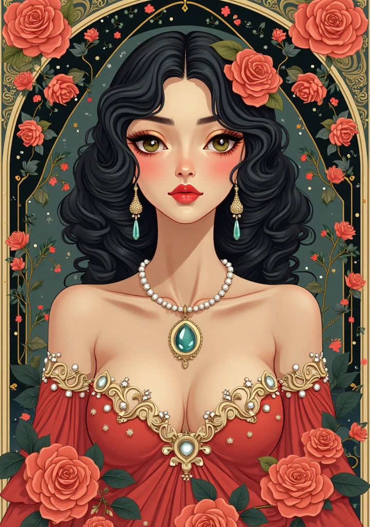 a beautiful attractive woman in body stocking suit, micro T-string , intricate chain jewelry suspenders, beautiful round breast, cleavage, chest press together ,medium long shot ,elegance pose, Intricate designs and patterns in the style of Alphonse Mucha ,Art Nouveau flowery background, black wavy hair,long earrings,red lipstick