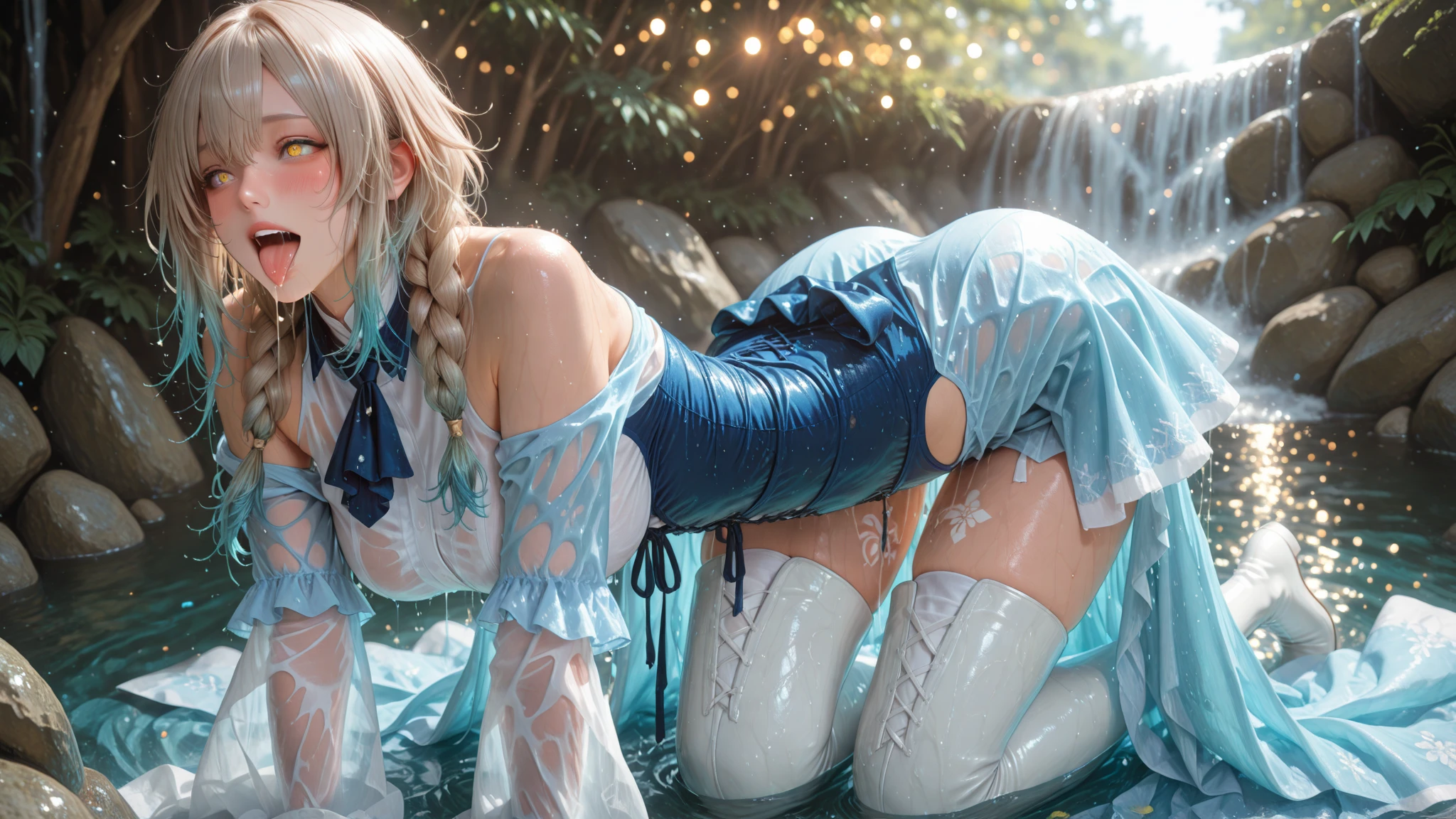 "the role of a dancer (Aqua_Konosuba, Cabelos Longos, cabelos azuis, olhos azuis), Ela/her dancing on the surface of a lake, com um sorriso alegre no rosto.", corpo escultral, excited and visible nipples, sem calcinha
quebrar
"The theme of a dancer on the lake, a spacious area surrounded by trees at the lake's edge, com campos gramados, brazi, the reflection of light on the lake's surface, and birds fluttering."
quebrar
"an atmosphere filled with the joy and lightness of dancing in nature, utilizando um efeito bokeh para melhorar o protagonista."