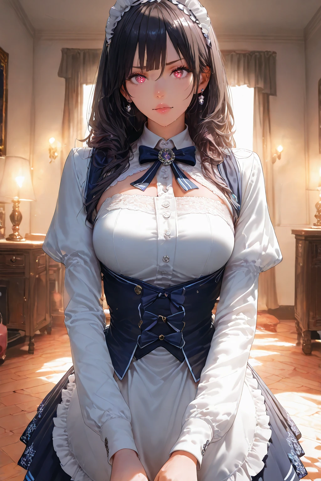 Kaori, Single model, solo, half Asian, half Latino, very long black hair, braids, freckles, blushing, wet eyes, long chain pendant, very large heavy breasts, chubby, belly, stretchmarks, (best quality,4k,8k,highres,masterpiece:1.2),ultra-detailed,(realistic,photorealistic,photo-realistic:1.37),detailed portrait, cinematic lighting, natural skin texture, intricate details, dramatic colors, moody atmosphere, heavy eye shadow, mascara, corset, torn linen shirt, tartan skirt, pantyhose