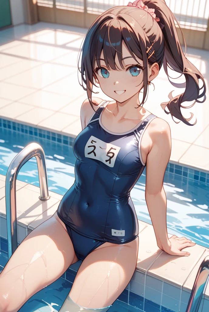 ,(young girl ,short stature,) ,flat chest,nsfw,big head, rotund.one-piece-swimsuit,braid hair, ((swiming, ))in pool,